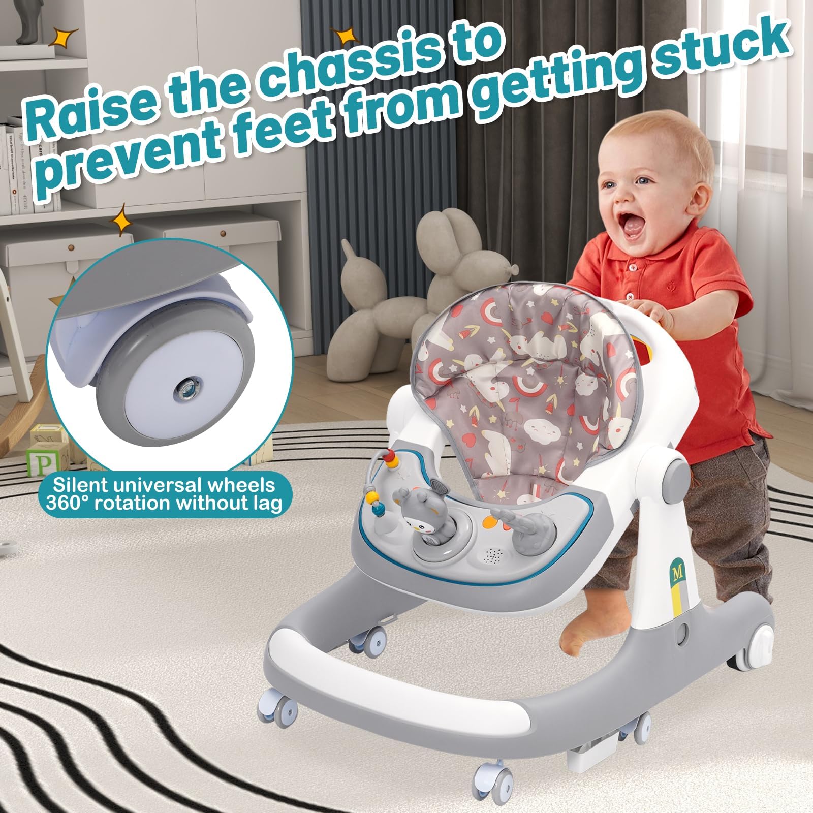 Trotteur Bébé Garçon Fille 6 Mois,Chariot de Marche Bébé Évolutif 3 en 1,Baby Walker Aide Marche Bébé,Apprendre à Marcher Trotteur Pousseur Gris