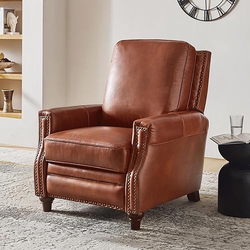 HULALA HOME Genuine Leather Manual Recliner Chair with Adjustable Backrest & Footrest, Mid Century Modern Push Back Recliner with Nailhead Trim & Wood Legs-for Living Room Home Theater, Saddle