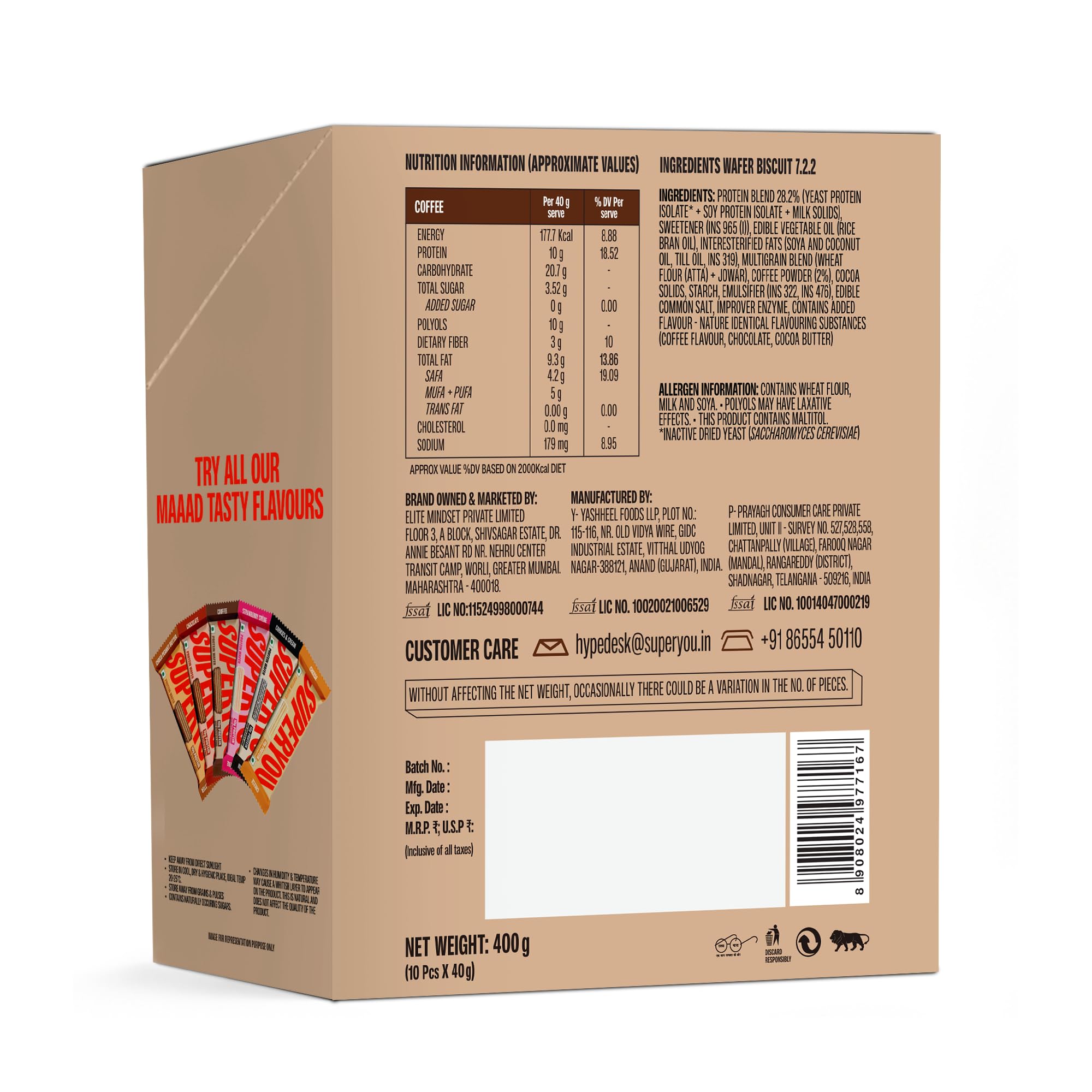 SuperYou Coffee Protein Wafer Bars (Pack of 10)|10g Protein, 3g Fiber, No Added Sugar|Yeast Fermented Protein|Energy Bars|Crunchy Wafer Bar|100% Vegetarian|No Palm Oil|400g