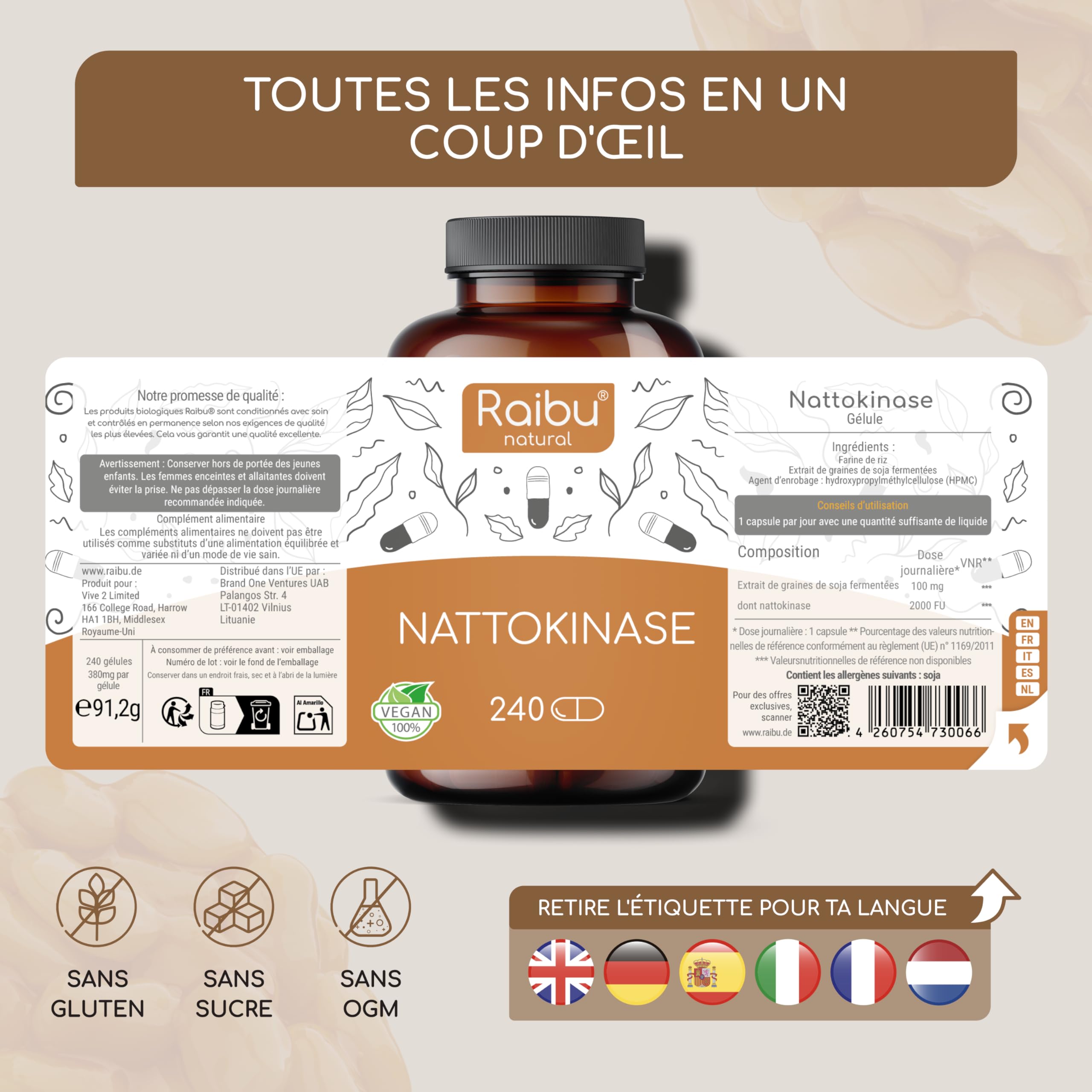 Nattokinase 100 mg (20.000 FU/g) Hautement Dosé de Raibu I 240 Gélules- 8 mois d'approvisionnement I Natto à base de soja I Testé en Laboratoire et végétalien I Sans additifs indésirables