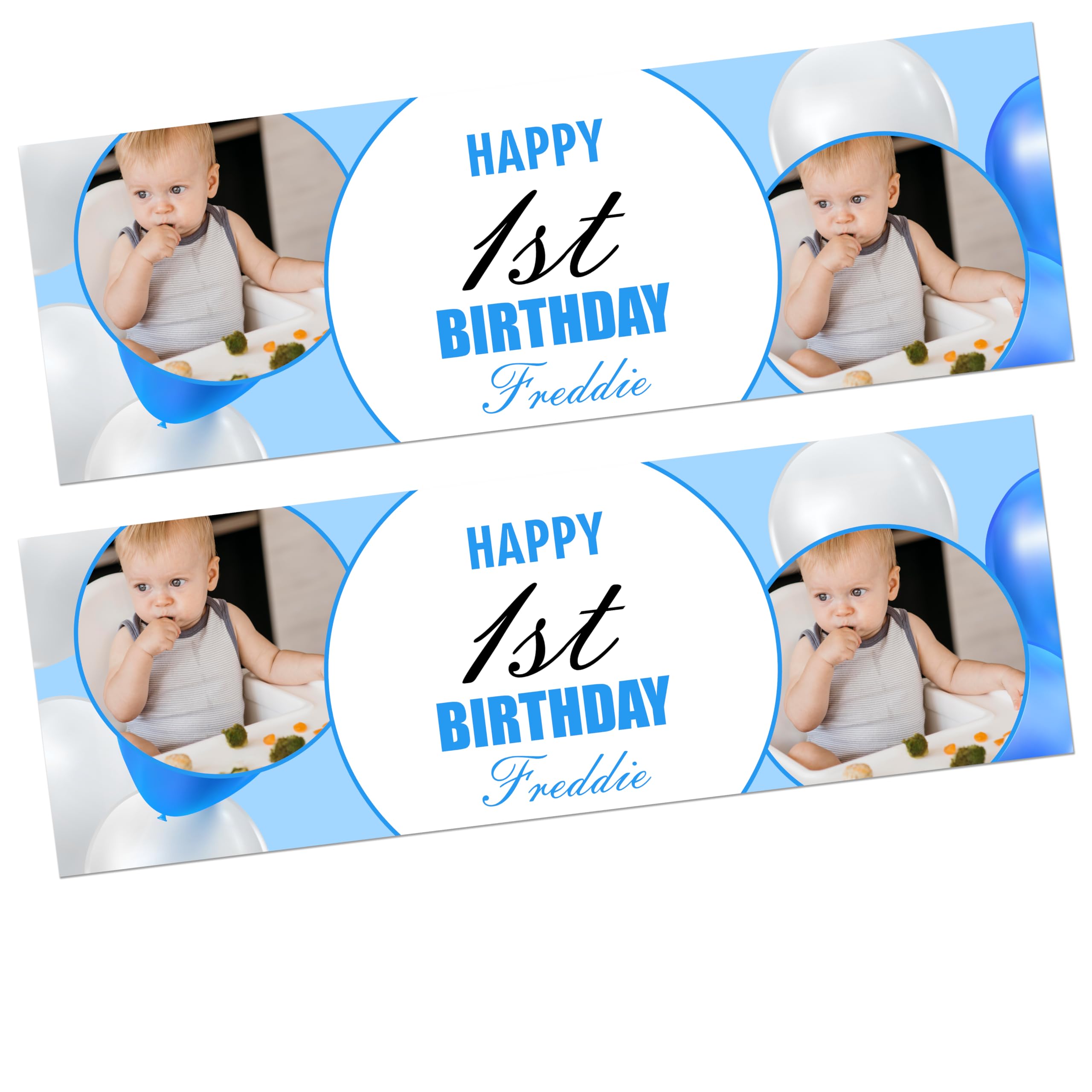 Personalised 1st Birthday Milestone Banner Blue with 2 photos