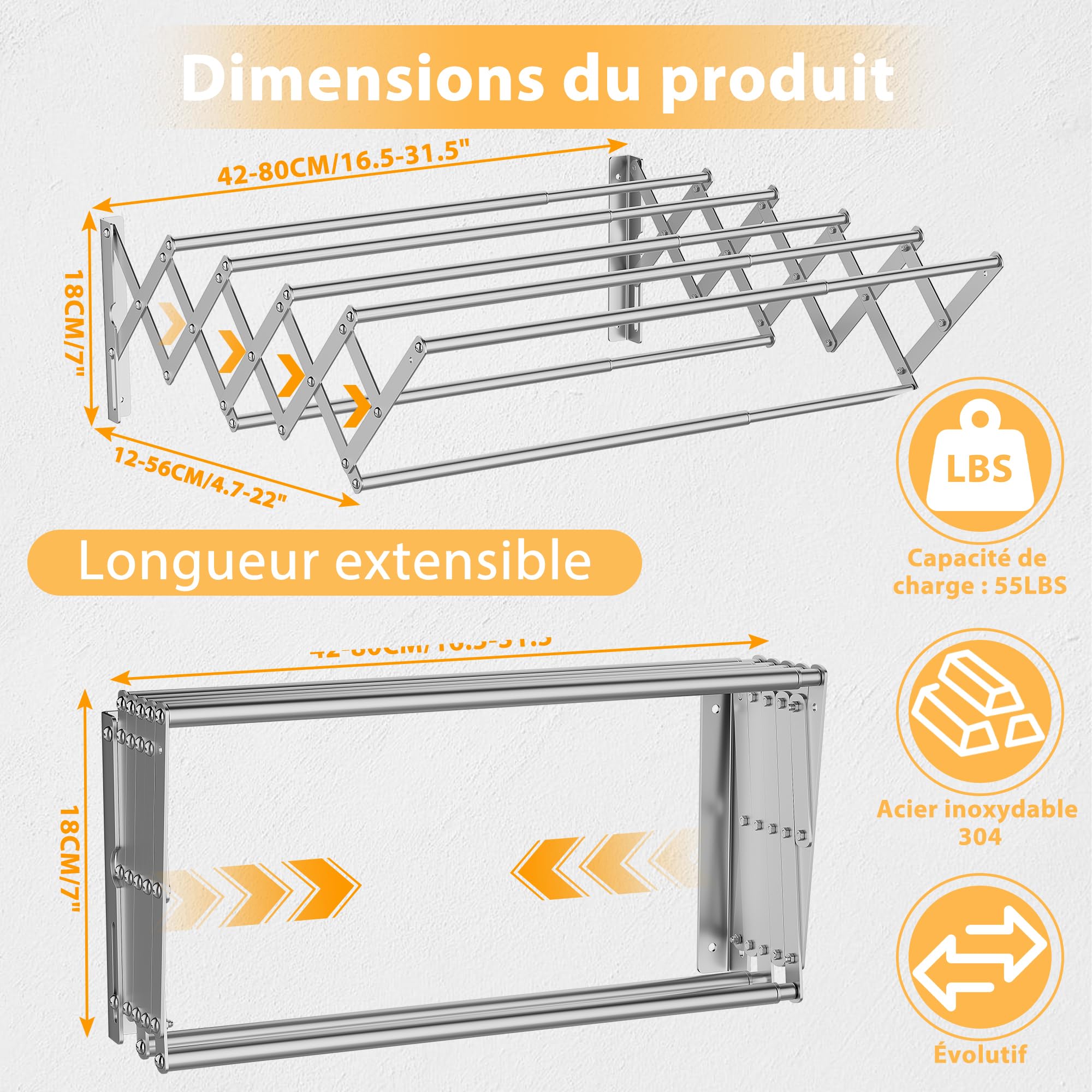OUUTMEE Étendoir à Linge Mural Pliable, Séchoir à Linge Mural en Acier Inoxydable avec 7 Tiges, Largeur Rétractable: 42-80CM, Porte-Serviettes Suspendu pour Buanderie Salle de Bain, Moyen (Argent)