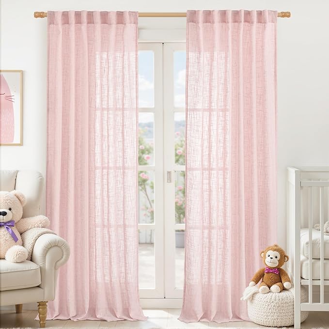 LAMIT Linen Curtains for Living Room 84 inch Length 2 Panels, Light Filtering Semi Sheer Drapes Back Tab and Rod Pocket Farmhouse Panels for Kids Bedroom/Girls Room, Pink, 52 x 84 Inch