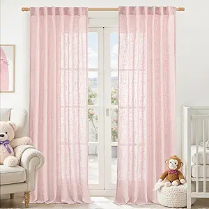 LAMIT Linen Curtains 90 Inch for Living Room, Back Tab and Rod Pocket Linen Textured Farmhouse Curtains Light Filtering Drapes for Bedroom/Dining Room, Pink, Set of 2, 52 x 90 Inch