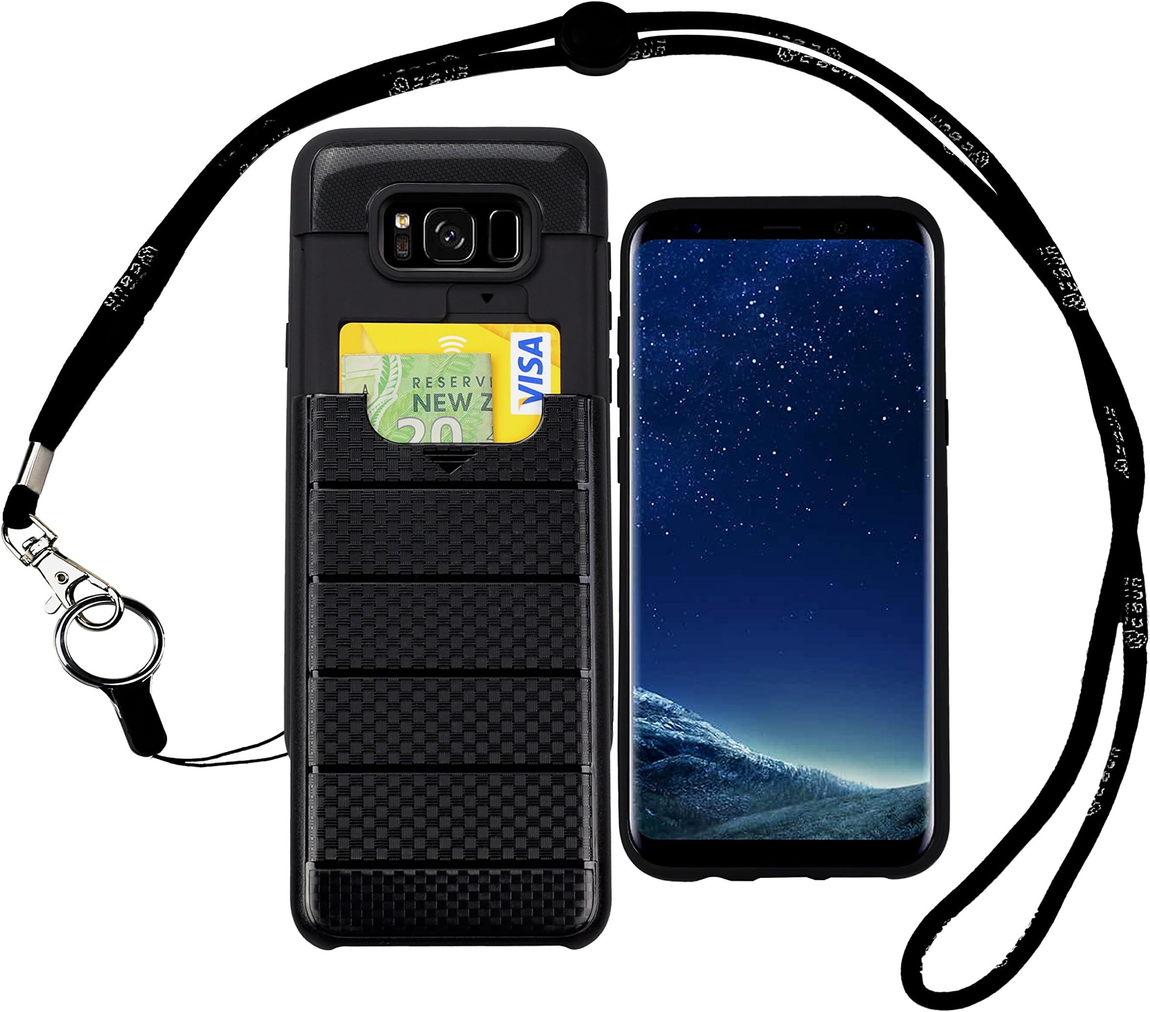 Samsung Galaxy S8 Case with Strap | Neck Lanyards with Lanyard Hole, Back ID Slot Slider, Credit Card Holder Impact Resistant Durable Silicone Hard Armor