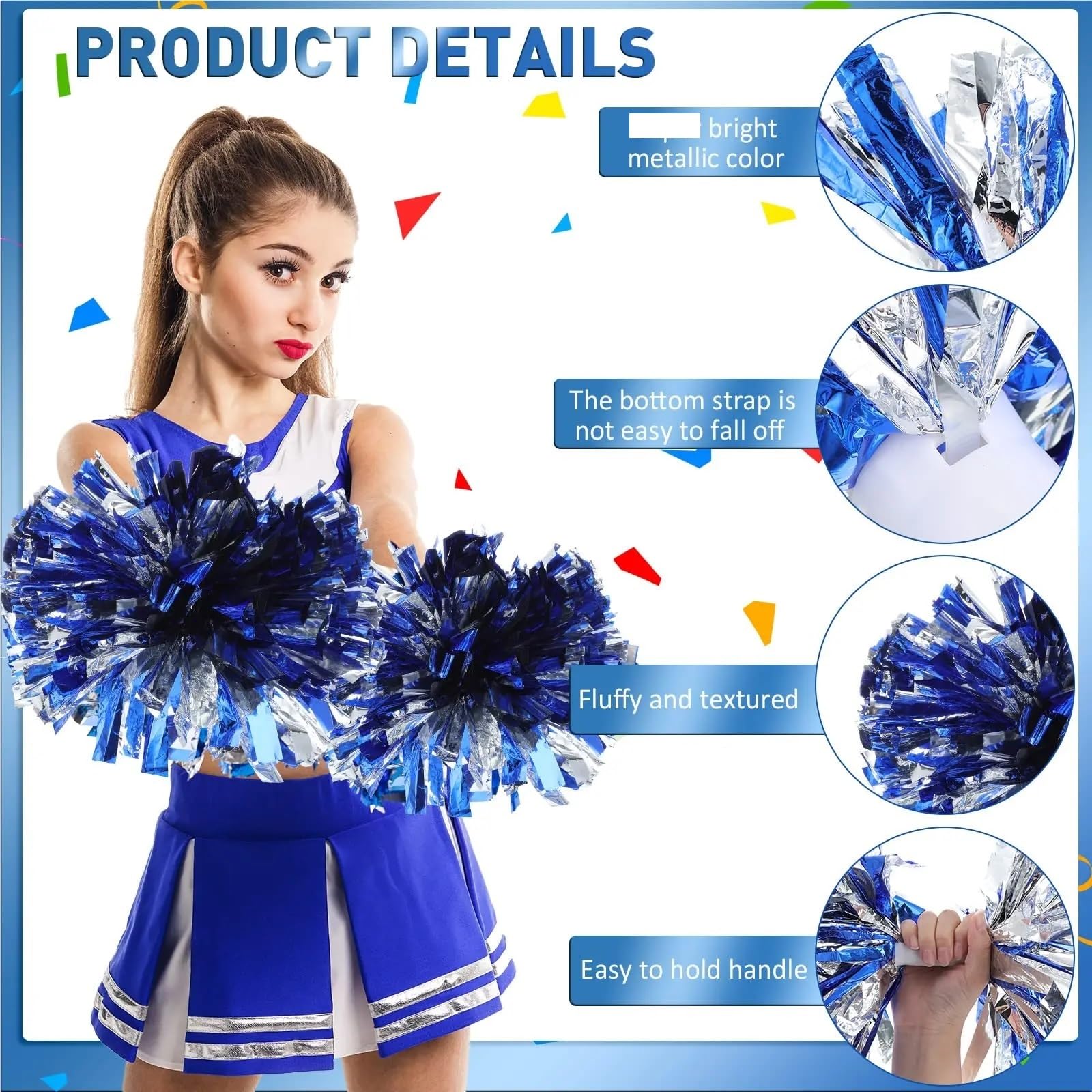 Lot de 6 ou 12 pompons métalliques avec poignée for pom-pom girls, accessoires danse et sport Pour Cheerleading(Puple and Silver,12PCS)