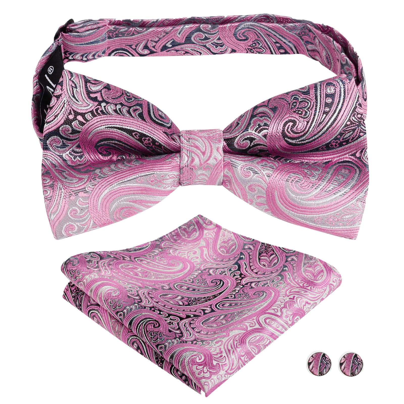 Alizeal Mens Paisley Bow Tie, Pocket Square, Cufflinks Set