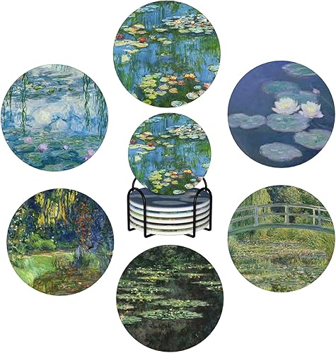 Juego de posavasos de cerámica para bebidas con base de corcho, utiliza 6 pinturas famosas de Claude Monet, regalos únicos de inauguración de la