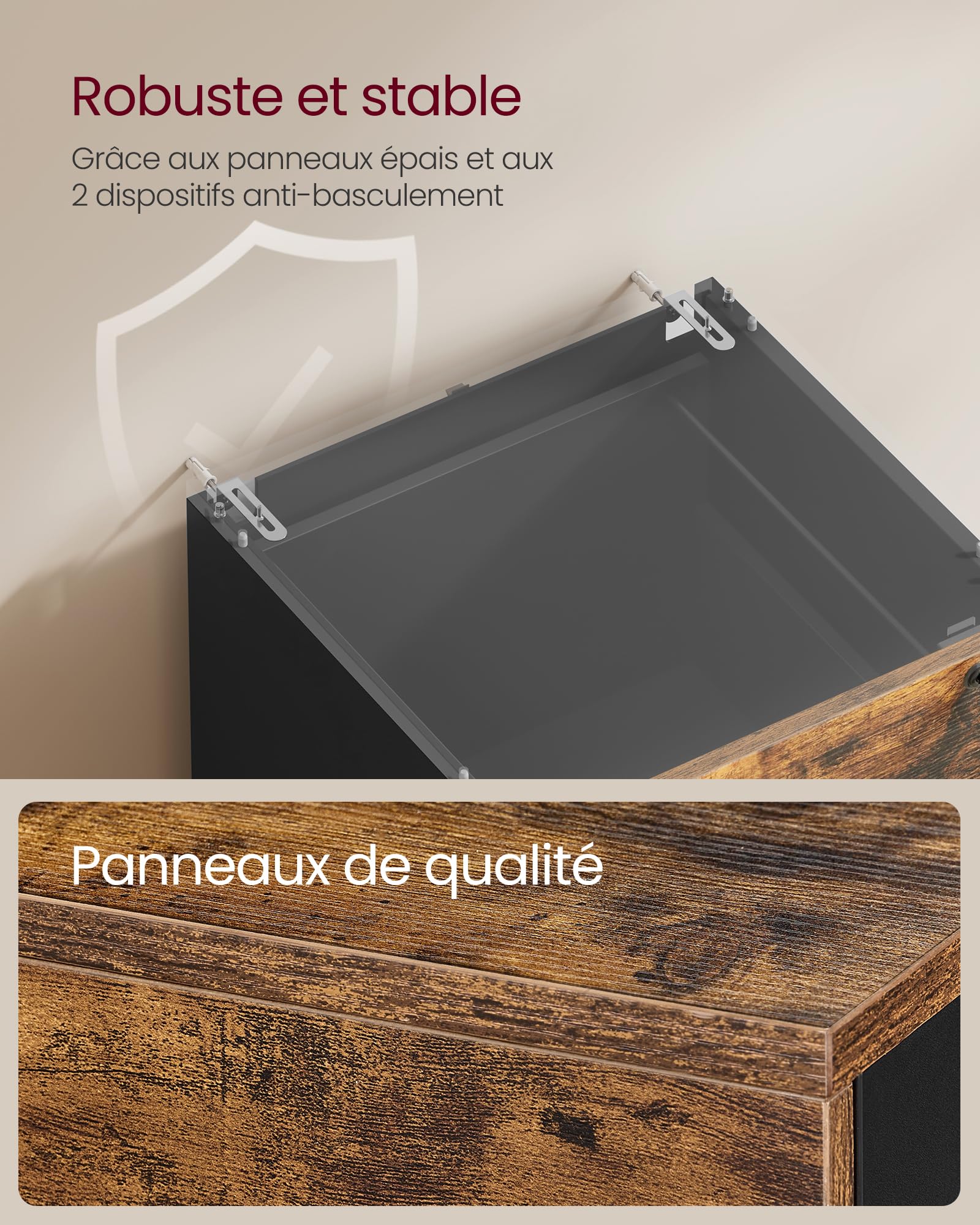 VASAGLE Meuble de Bureau avec 3 Tiroirs Verrouillables, Tringles Réglables, Compatible A4, Marron Rustique et Noir