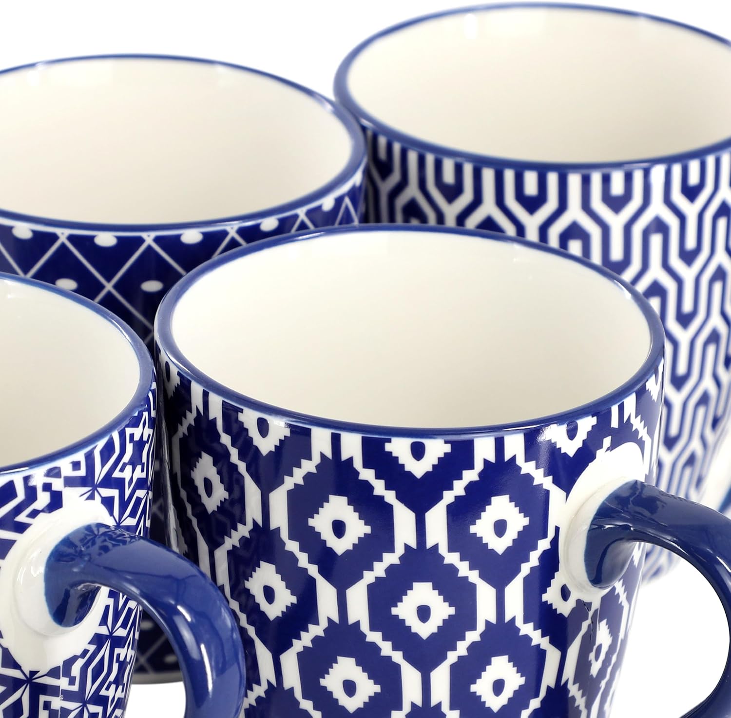 Elama Declan 12 Ounce Assorted Design Stoneware Mug Set in Blue and White, 6 Piece Set