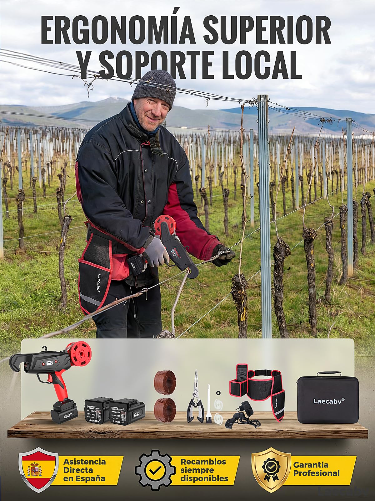 Laecabv Encuadernadora de Viñedo a Batería, 6 Niveles de Envolvimiento, Encuadernadora Eléctrica con Batería de Litio de 2X2Ah, Encuadernadora de Viñedo
