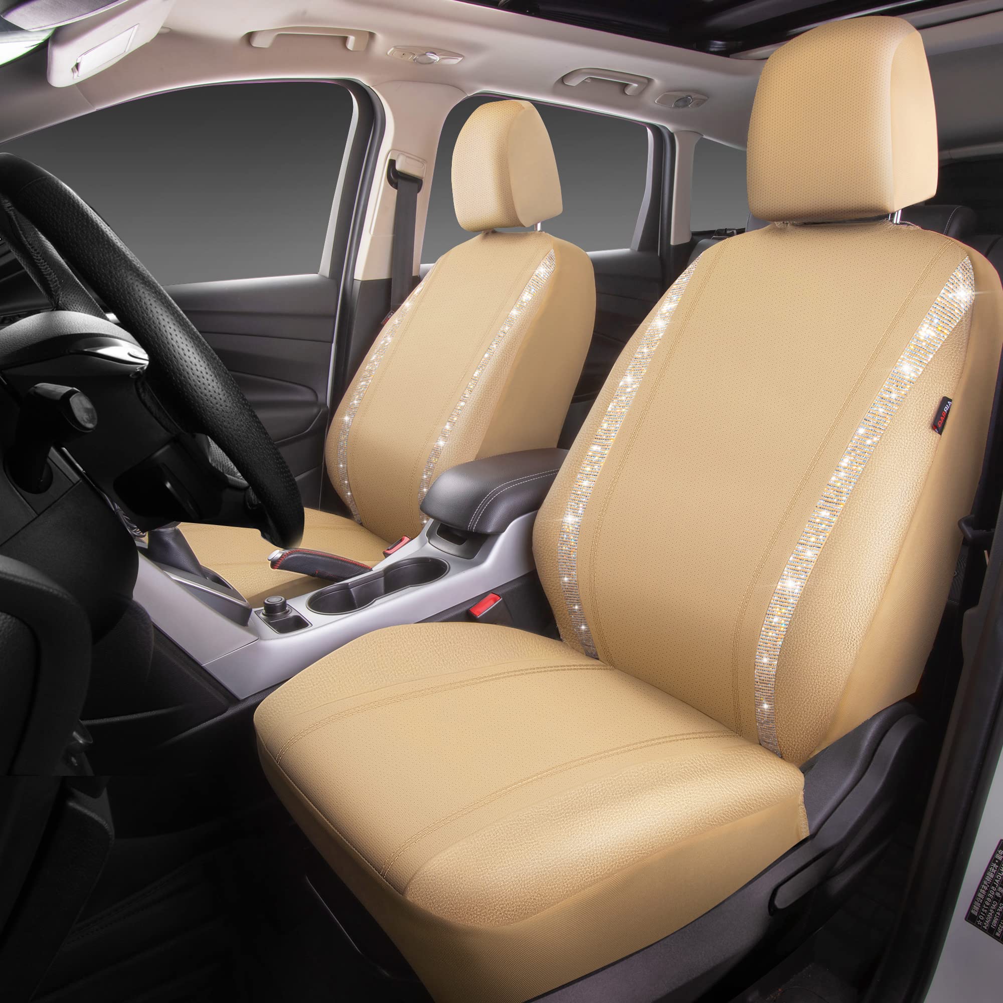 CAR PASS Leather Diamond Bling Car Seat Covers 2 Front Interior Sets, Waterproof Universal Shining Glitter Crystal Sparkle Fit for 95% Automotive Truck SUV Cute Women Girl, Beige Rhinestone