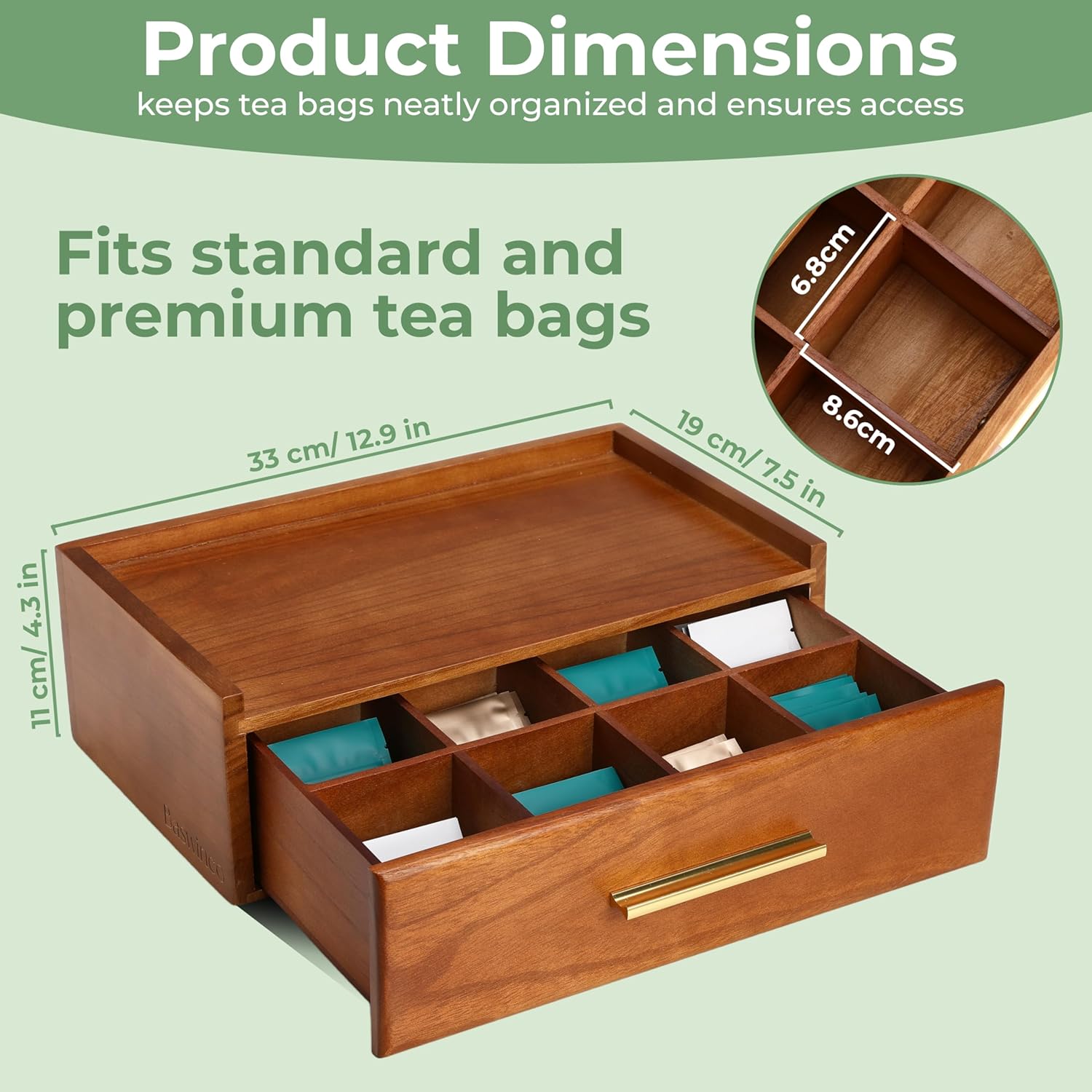Tea Bag Organizer for Counter – Easy Pull Drawer, Anti-Slip Pads, Wooden Tea Organizer, Teabag Holder, 8 Compartments Drawer Storage, Flat Top Tea Station, Tea Box for Standard & Premium Bags