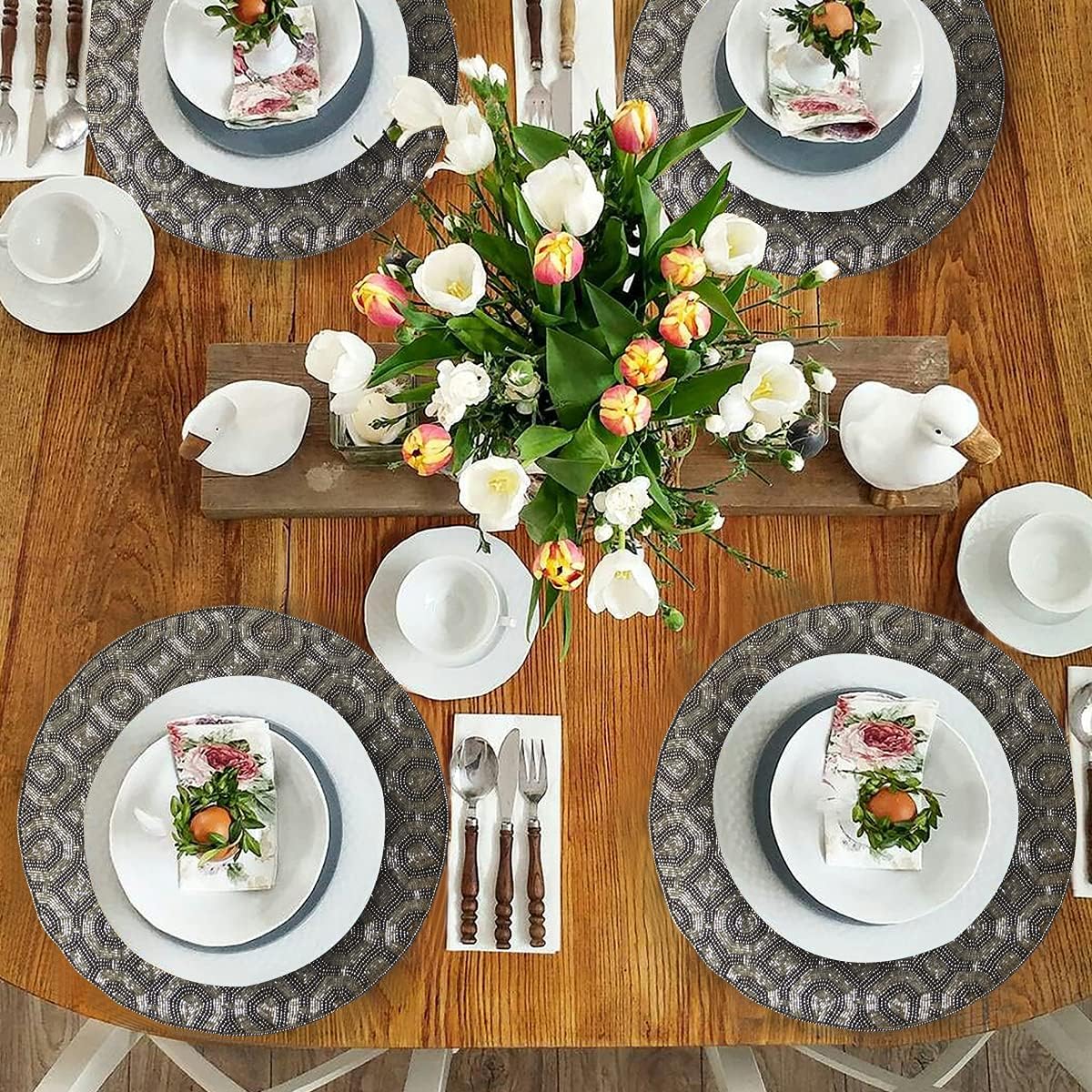 Decozen Round Placemats, Set of 4 - Charger Plates Beaded Table Mats 14 Inches Heat Resistant Mat, Farmhouse, Kitchen, Wedding, Mothers Day Decorations, Spring, Home Decor Placemat Silver Gray