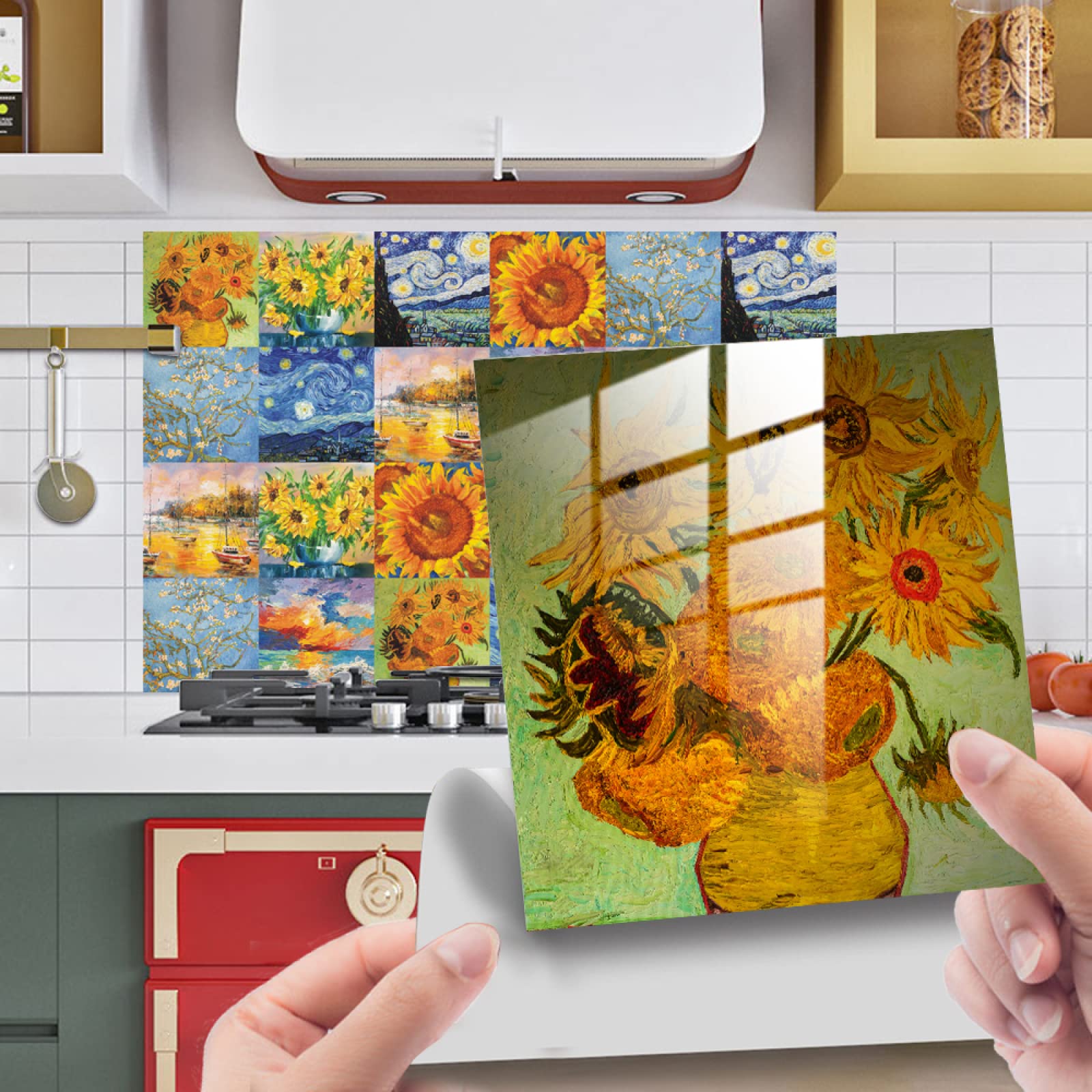 Tile Stickers Yellow Retro Sunflower Stick on Tiles PVC Self Adhesive Wall Tiles Waterproof Bathroom Tile Stickers Oil Proof Kitchen Tile Stickers DIY Peel and Stick Floor Tiles 24PC(15x15cm)