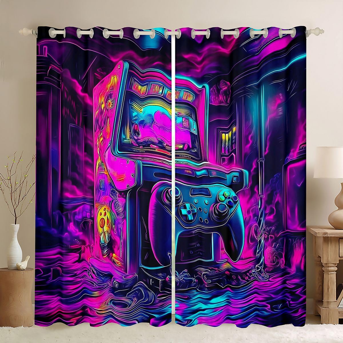 Homewish Gamer 46 x 54 Inch Blackout Curtains for Living Room - Neon Gaming Gamepad Curtains Eyelet for Teens Boys Game Room Decor - Modern Abstract Living Room Darkening Window Drapes โ image 1