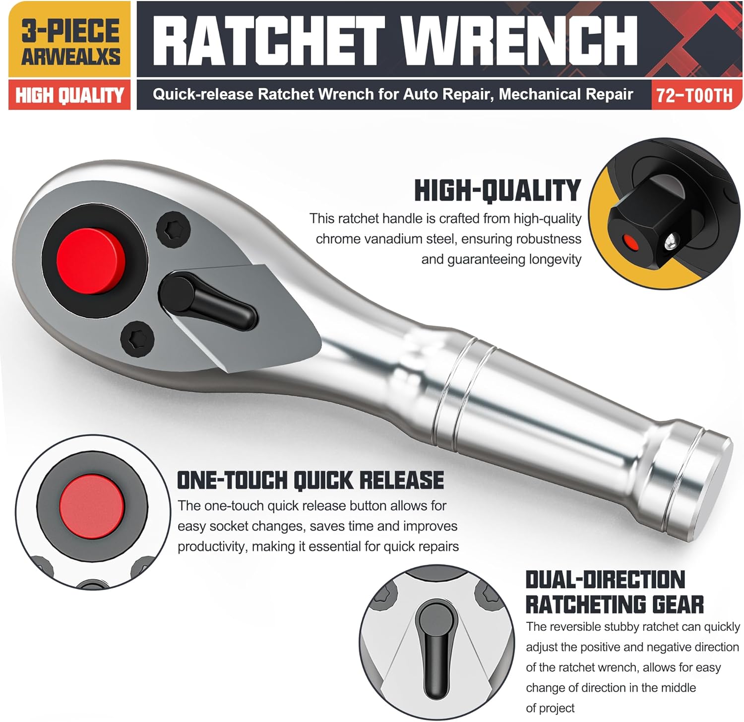 3-Piece Stubby Ratchet Set, 1/4", 3/8", 1/2" Drive Ratchet Handle, 9cm, 10.5cm, 13.5cm Ratchet Wrench, 72-Tooth Quick-release, Full Polished, for Auto Repair, Mechanical Repair