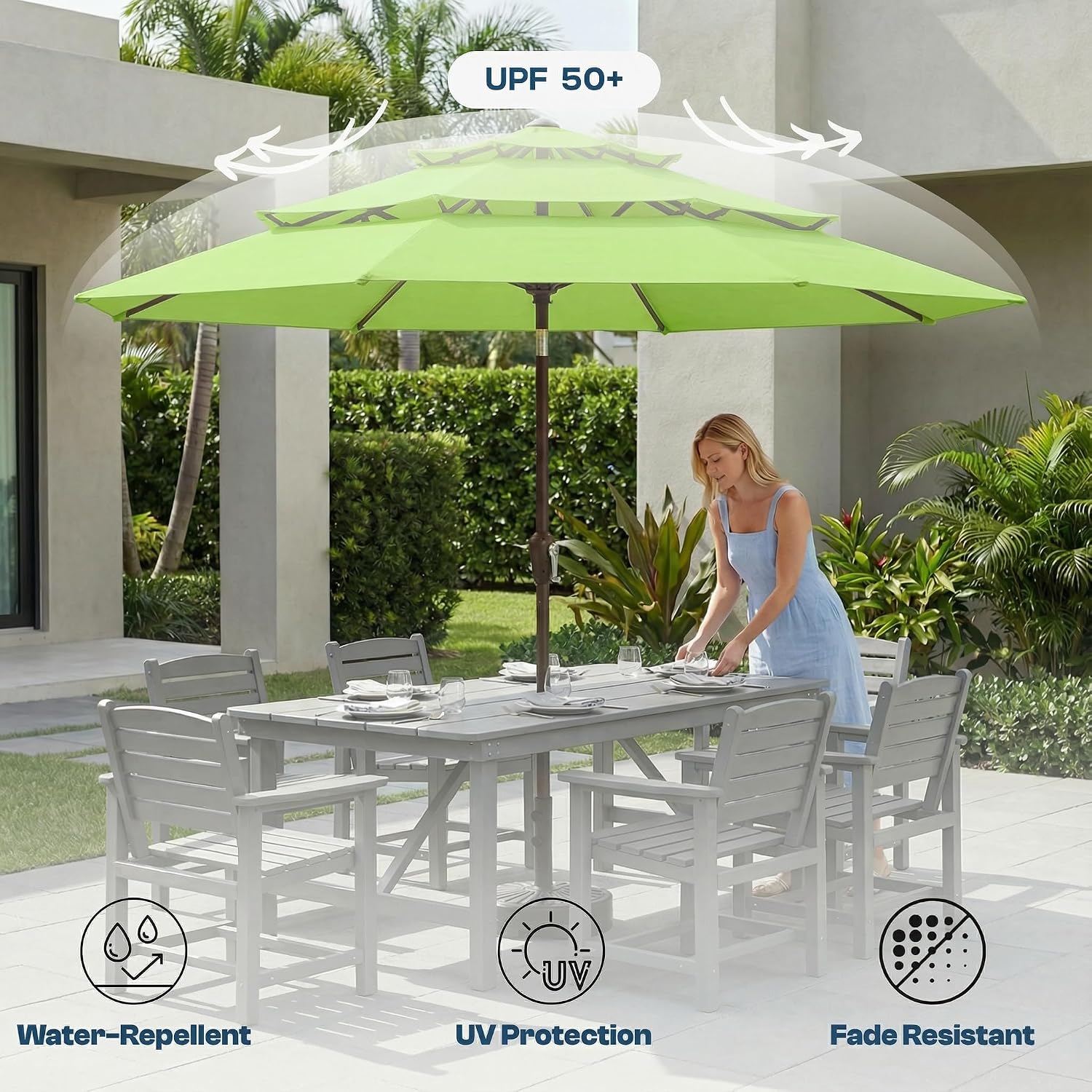 10ft Patio Umbrella, 3 Tier Outdoor Market Table Umbrellas with 8 Fiberglass Ribs and Push Button Tilt, Windproof, Vented Canopy, UV Protection for Deck, Pool, Backyard