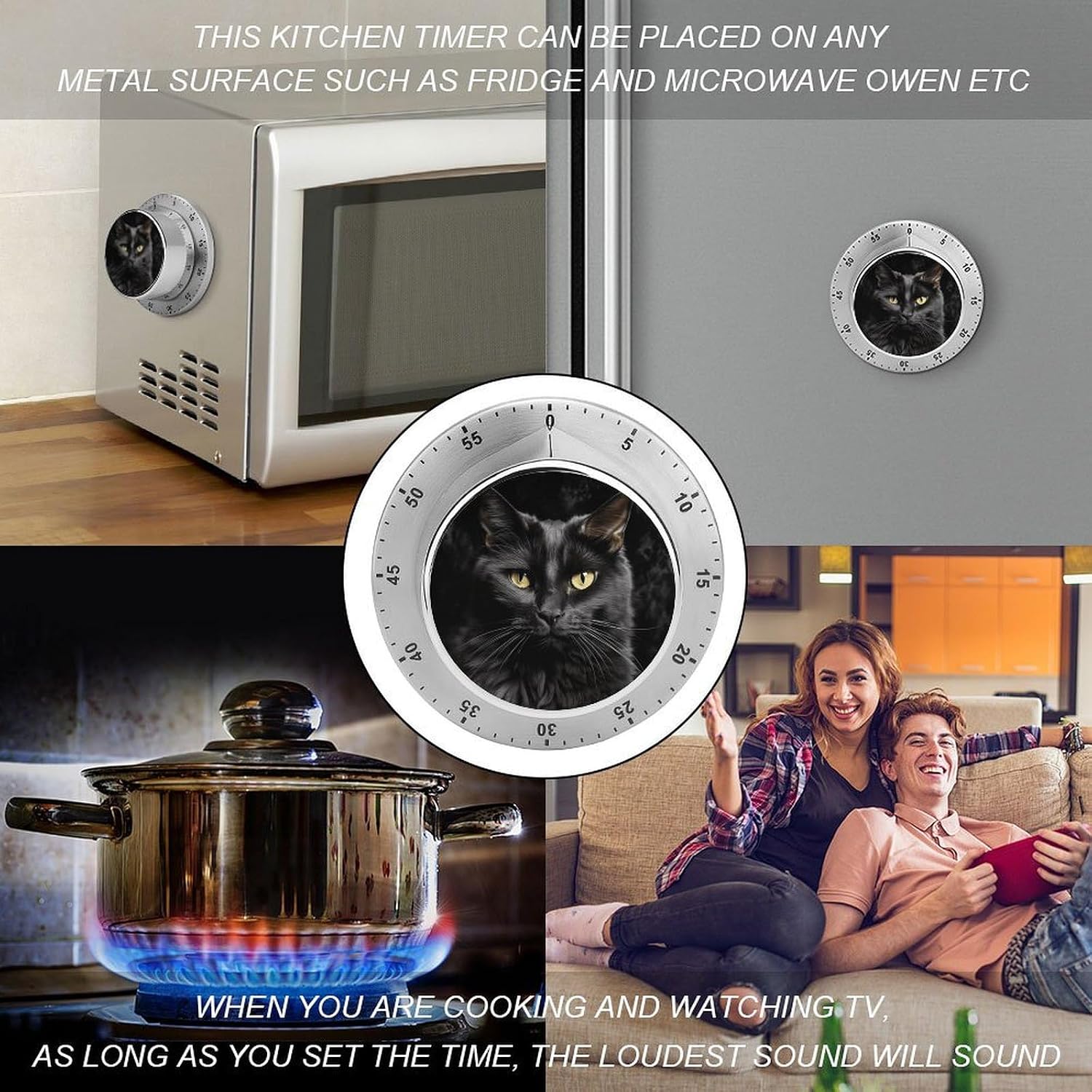 Stainless Steel Timer A Black Cat Printed Kitchen Timers for Cooking Multi-Functional Timer for Home Baking Cooking
