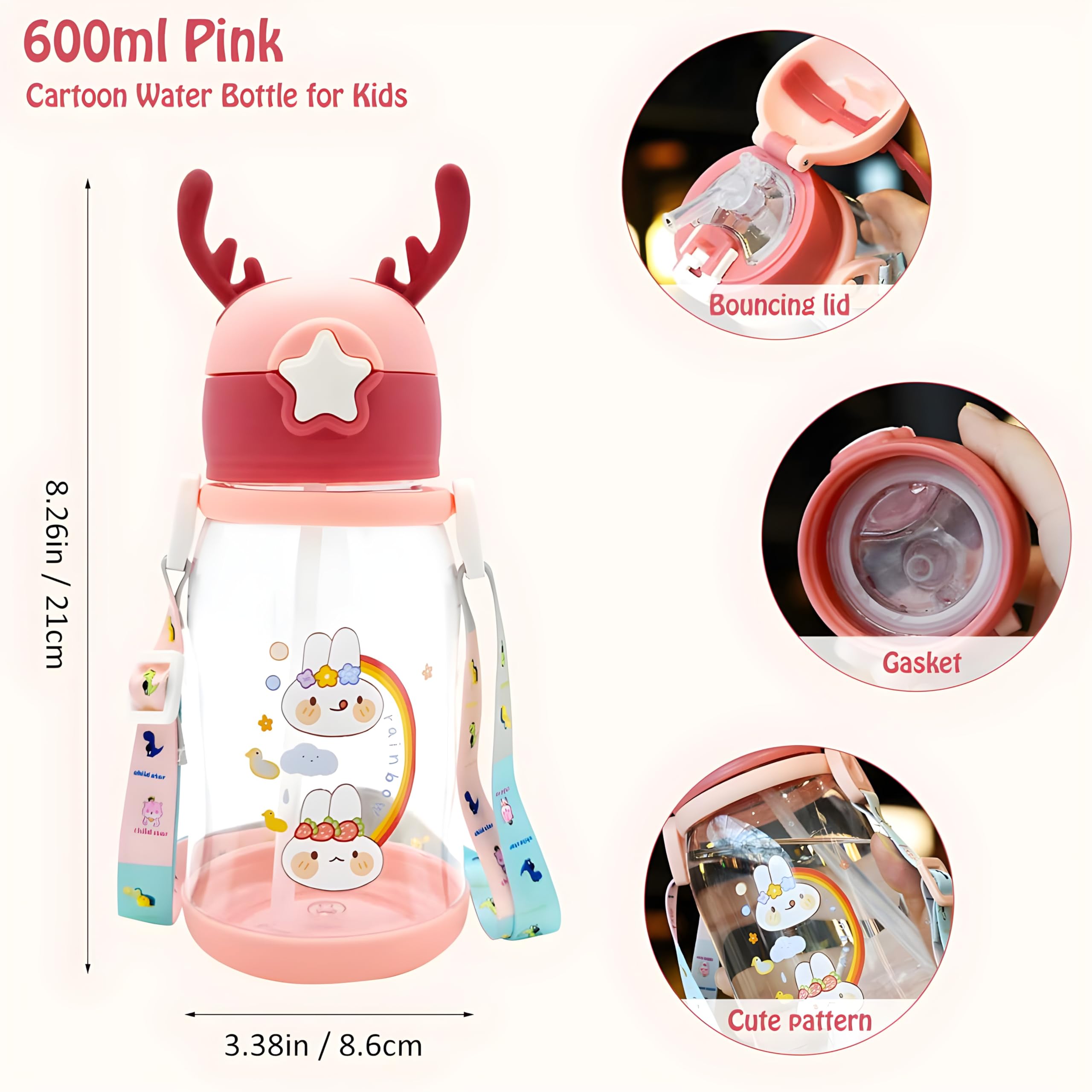 ToYooZe JHBK Cartoon Water Bottle with Straw for Kids, Cartoon Design Plastic Water Bottle, Cartoon water bottle for school kids, Water bottle for school kids (deer bottle)