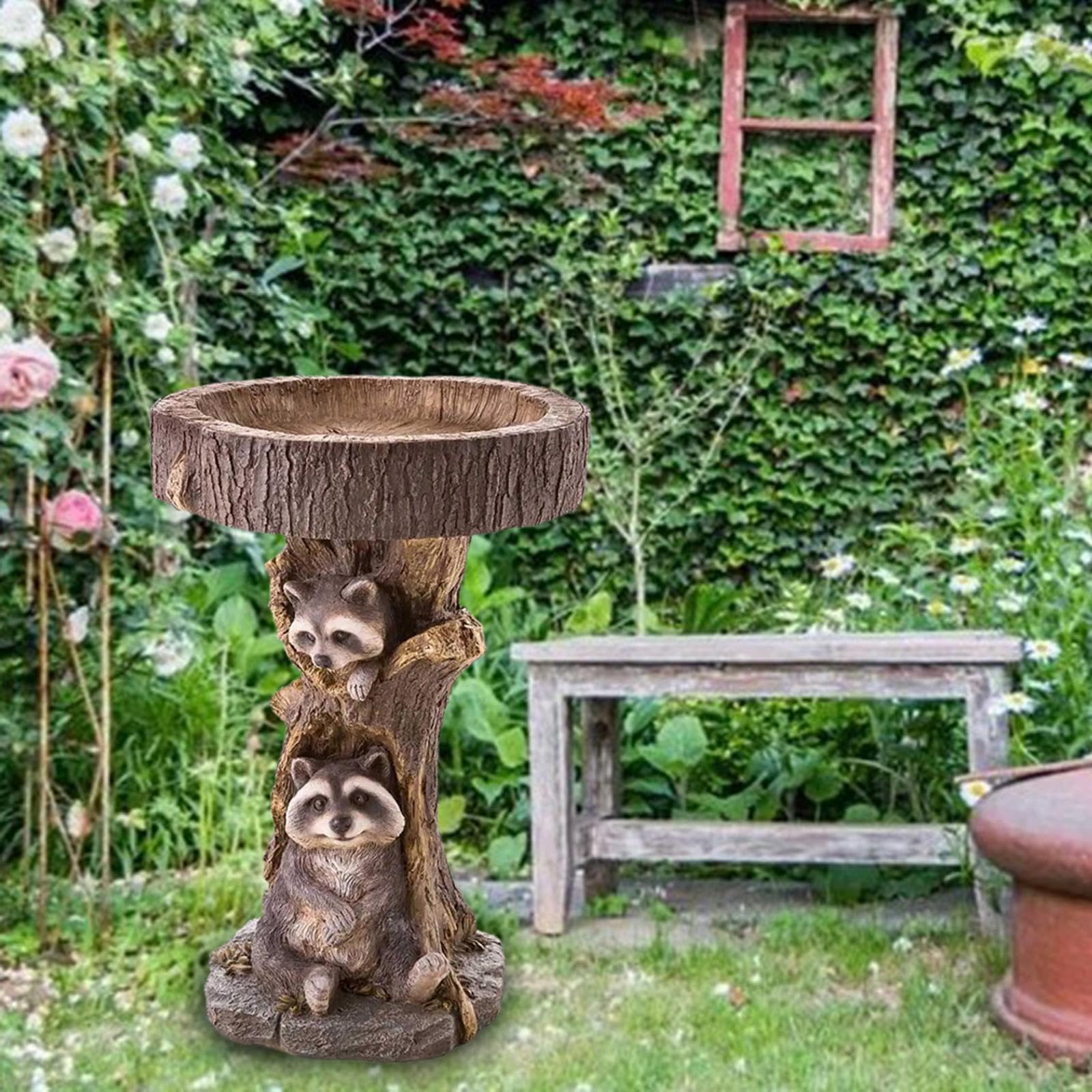 Baoblaze Ciotola da Bagno per Uccelli da Giardino, Statua di Procione Figurine Prato mangiatoia in Resina da Cortile Scultura Animale per ringhiera Portico Che
