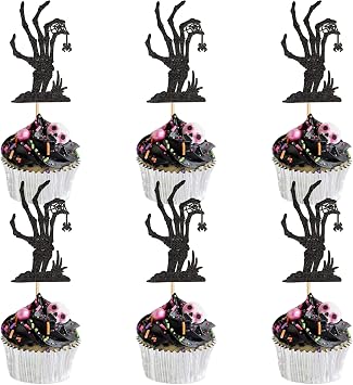 24Pcs Halloween Cupcake Toppers Glitter Black Skeleton Hand Cupcake Picks