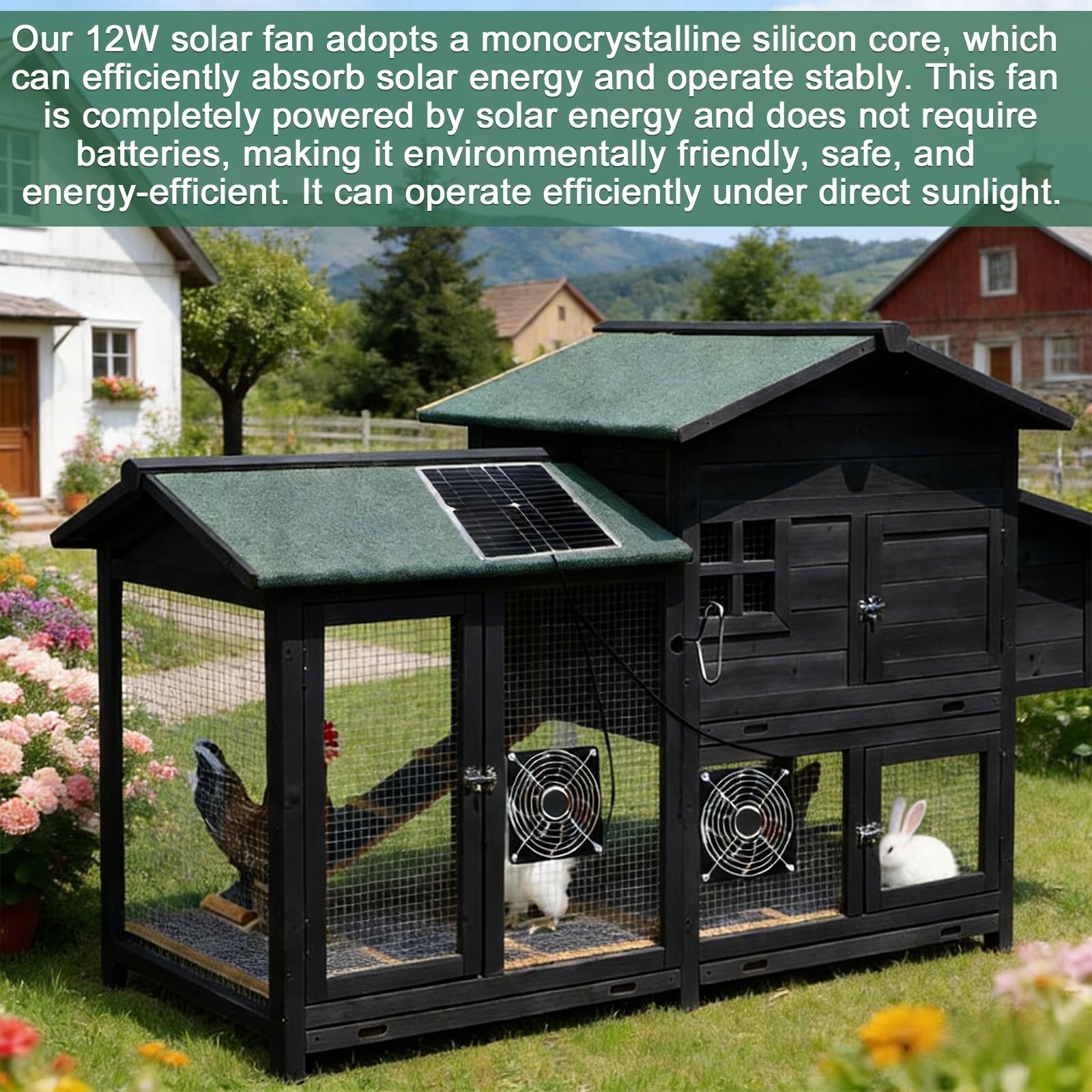 Ventilatore solare 12W, kit ventilatore solare con doppio ventilatore, ventilatore solare resistente agli agenti atmosferici per pollai, serre, capanni e casette per animali domestici