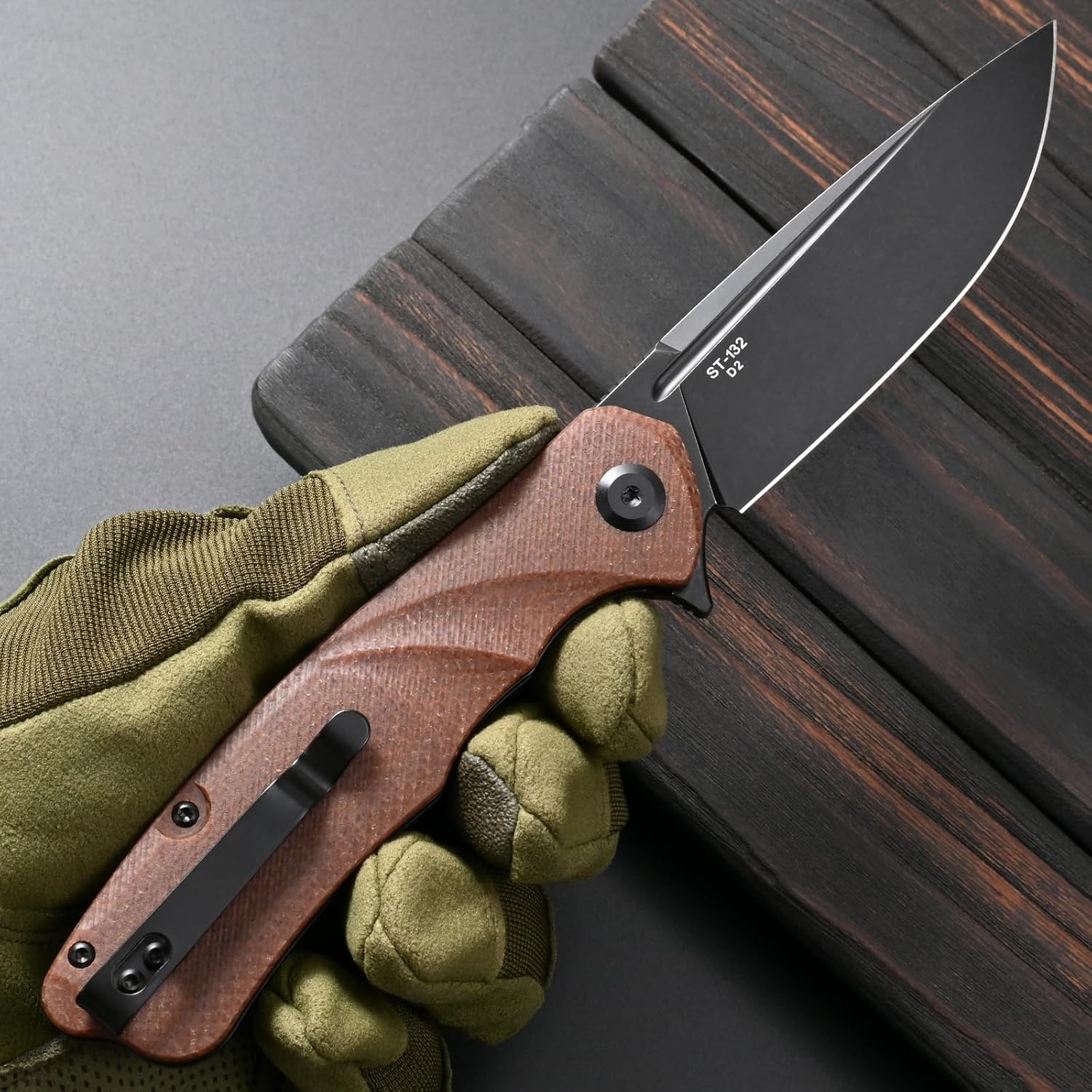 Sitivien ST132 Folding Knife,D2 Steel,Micarta Handle EDC Knife with Liner Lock for Outdoor Hiking Camping(Brown)