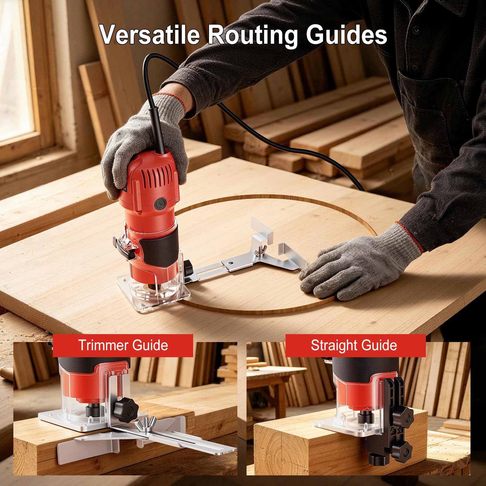 Fresadora de Madera Rebajadora Eléctrica 800W 30000RPM, Fresadora de Mano con Juego de 15 Fresas de 1/4" (6,35mm) y Base Transparente, Herramienta de Carpintería para Bricolaje, Talla y Recorte