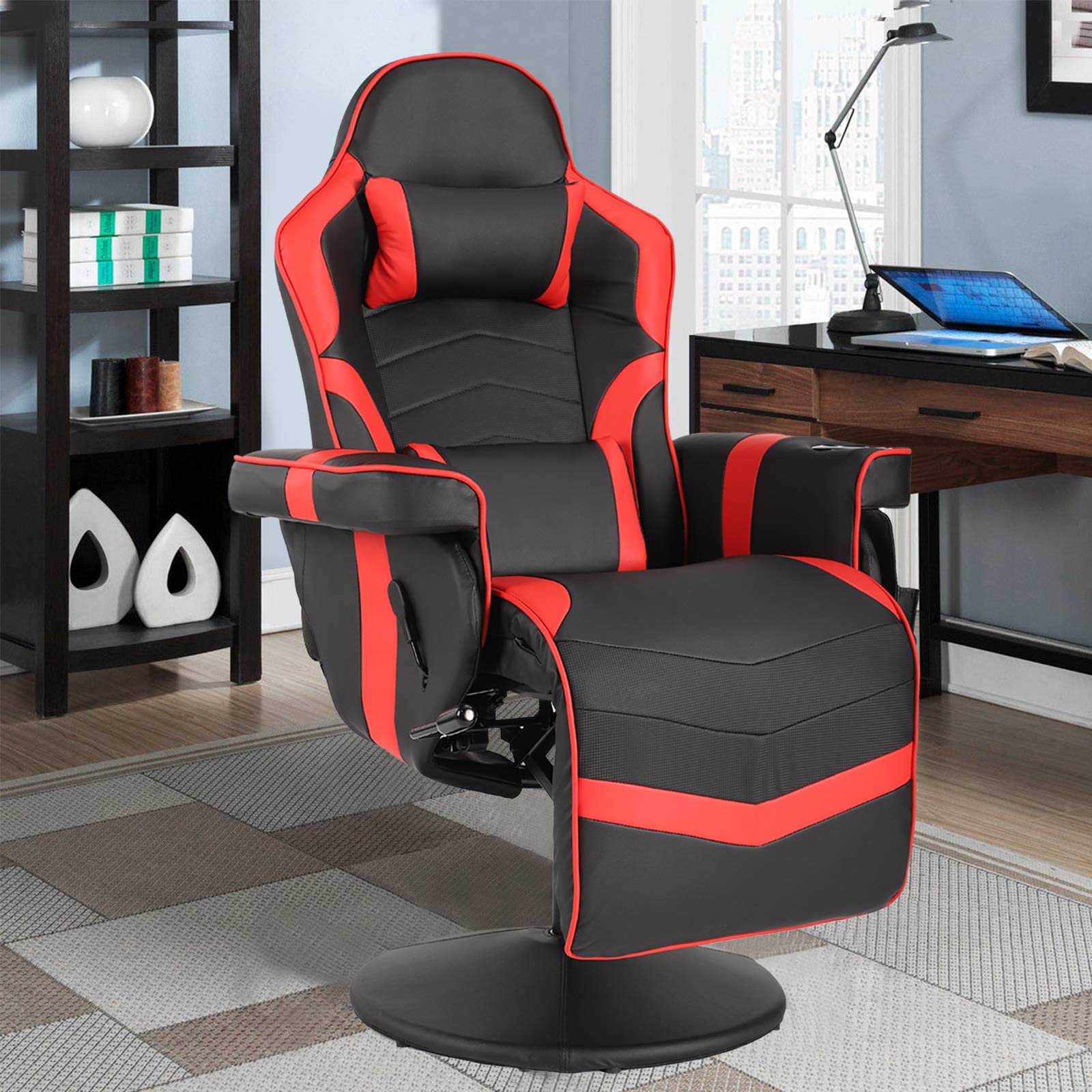VUYUYU Massage Video Gaming Recliner Chair - Ergonomic Backrest & Seat Height Adjustment Swivel Recliner - PU Leather High Back Computer Office Chair with Cupholder, Headrest, Lumbar Support, Footrest