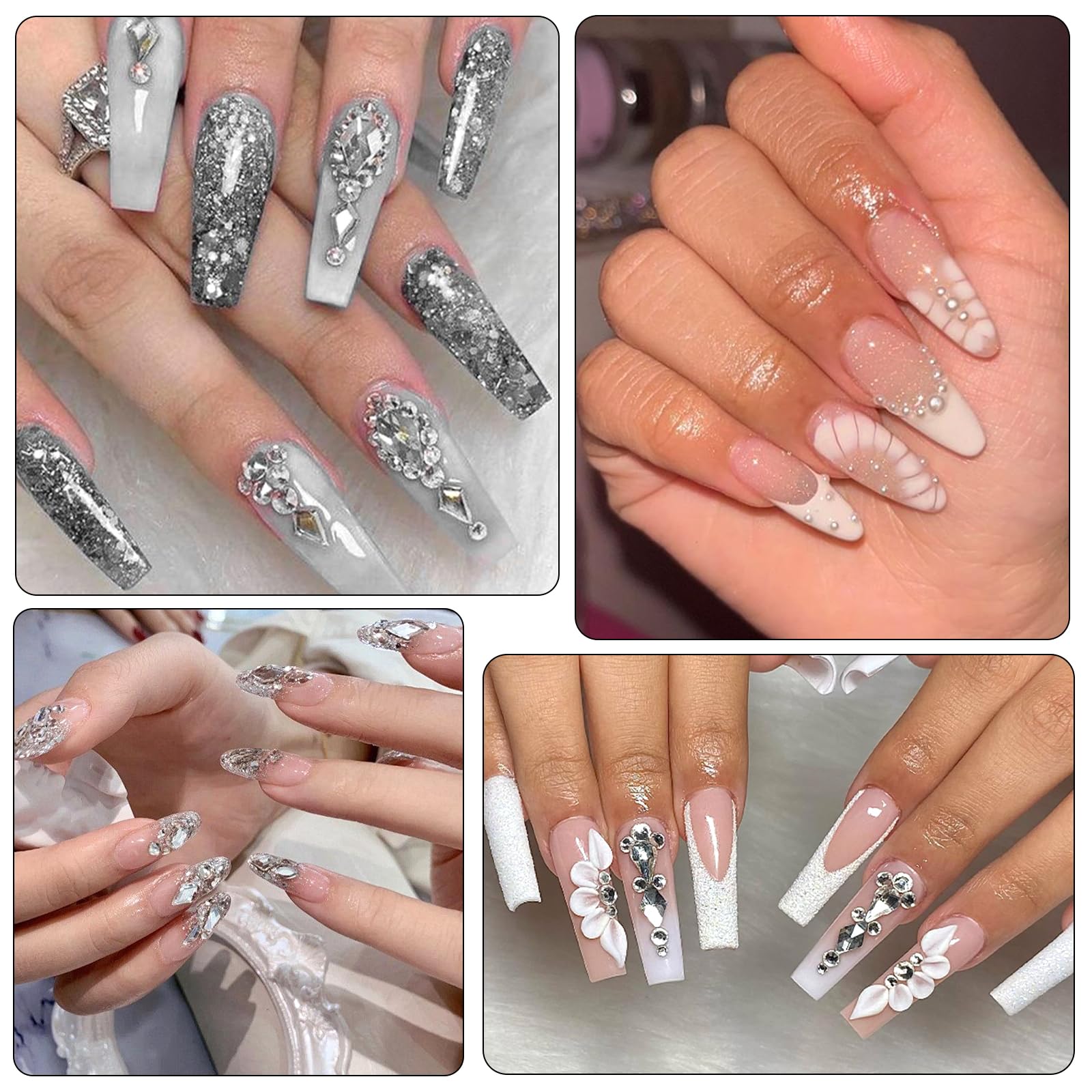Strass bianchi per unghie, gemme 3D di varie forme, perline per manicure, perle, strass con retro piatto, con kit, per decorazione nail art