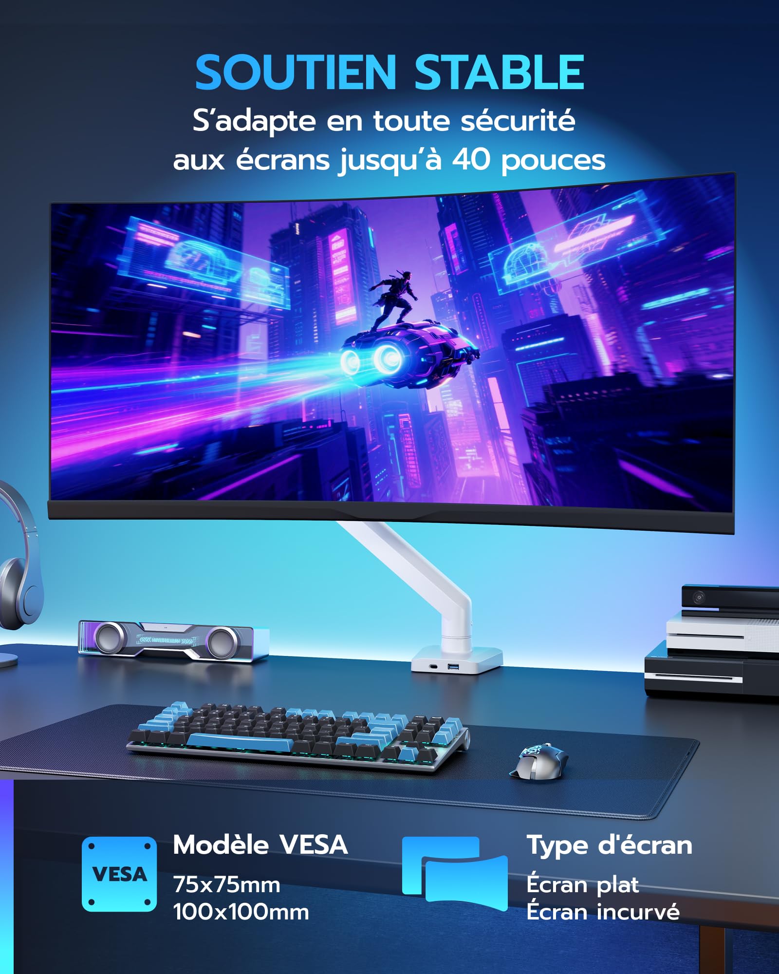 ARES WING Support de Moniteur avec USB pour écran Plat incurvé de 17" à 40"