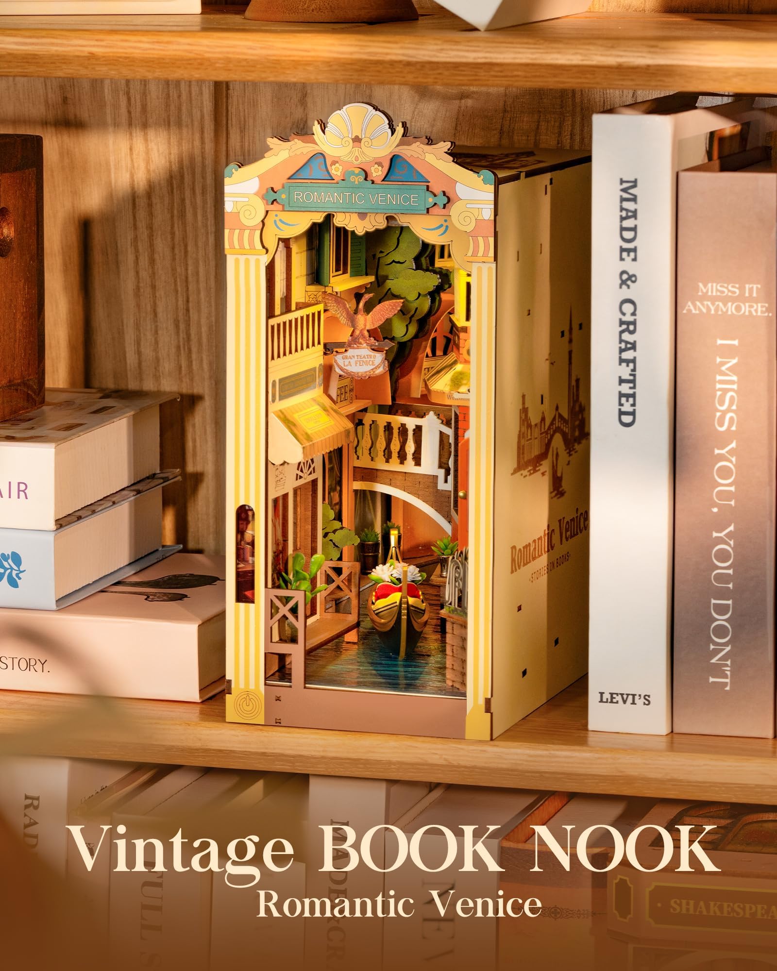 Rolife DIY Book Nook Kit for Adults, Miniature Dollhouse Booknook Kit, 3D Wooden Puzzle Creative Decorative Bookends Bookshelf Diorama Insert Crafts Hobbies Gifts (Romantic Venice)