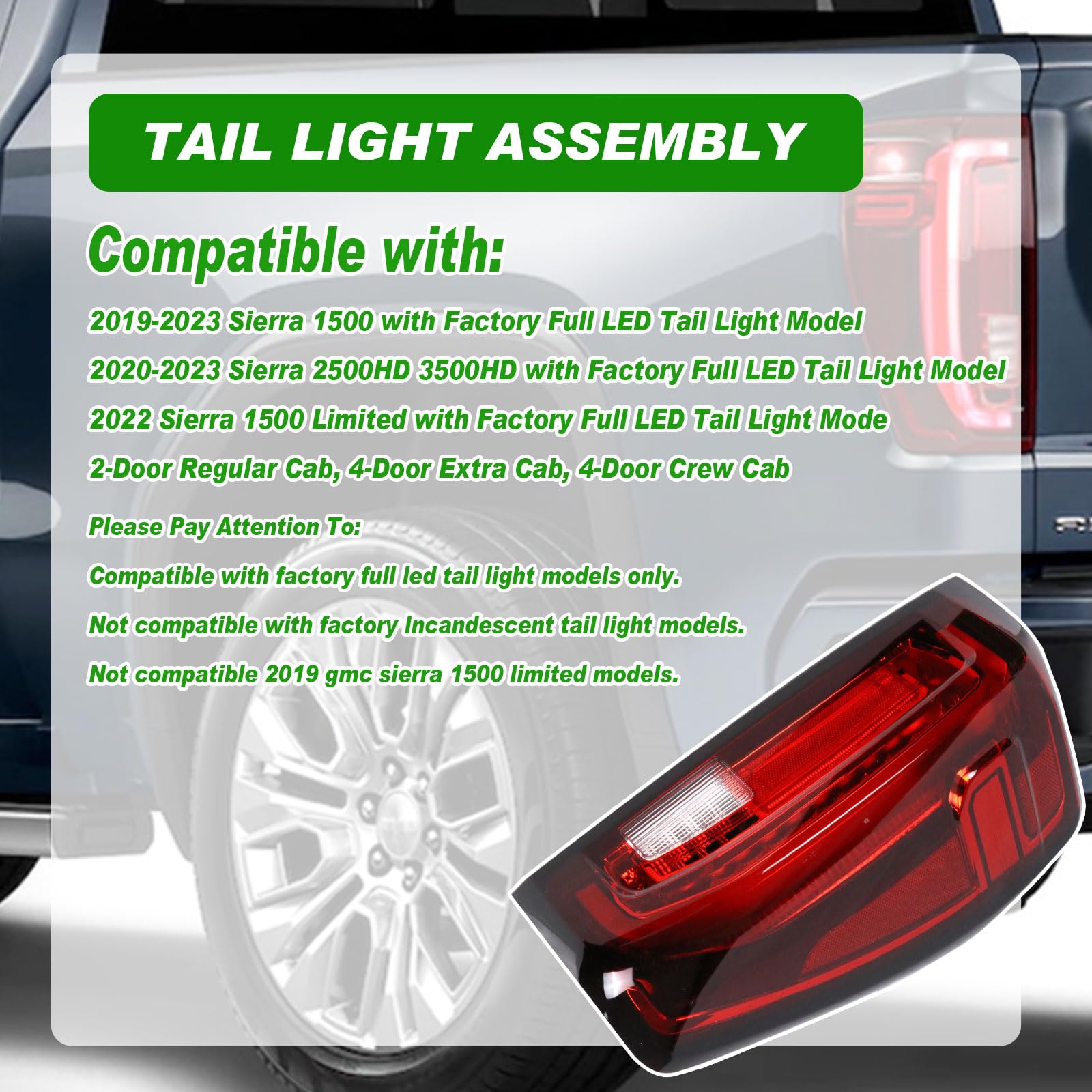 Tail Light Rear Lamp Passenger Side LED with Signature Lamps Right Taillights Brake Light Compatible With GMC Sierra 1500/2500 2019-2023…