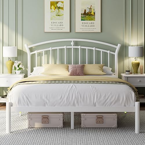 Feonase Base de cama de metal tamaño Queen con cabecera retro, tubo de acero endurecido, almacenamiento debajo de la cama de 12 pulgadas, no disponible en Yaxa Peru