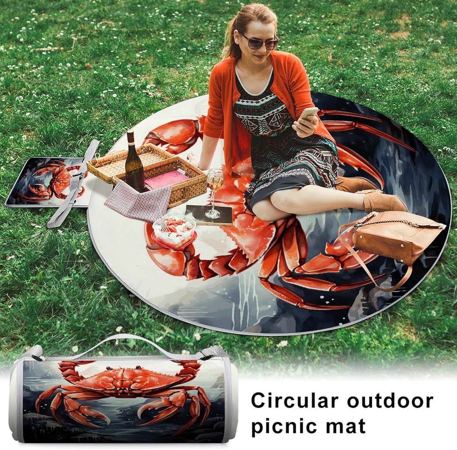Red Crab Sea Picnic Mat Lightweight Waterproof Picnic Blankets Extra Large Picnic Outdoor Blankets Foldable Sandproof Beach Blanket for Park Beach Camping Courtyard 58.3''x58.3''