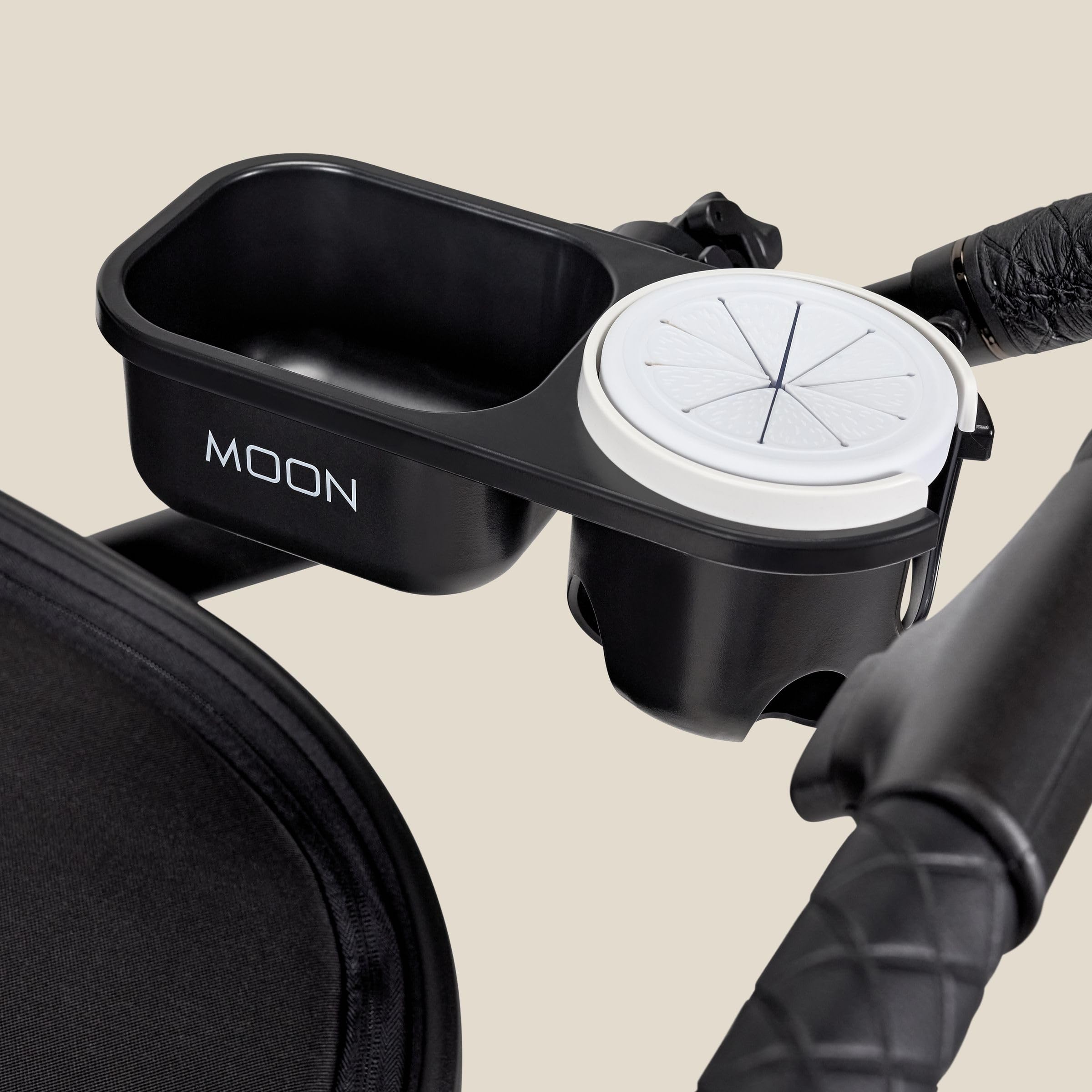 MOON Universal Cup Holder & Tuch Blaubaer | Verstellbarer Flaschenhalter mit Box | Getränke- und Kaffeetassenhalter Buggy Kinderwagen | extra Aufbewahrungsfach für Utensilien | Zubehör stabil & sicher