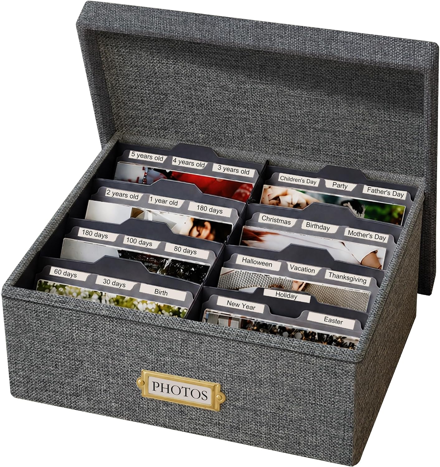 Linen Photo Storage Box, Large Capacity Organizer Box, Storage Holds 1700 Picture, with 24 Adjustable Dividers, 144 Labels(72 Blank for DIY) Fabric Picture Box for Photos, Envelopes, Recipes Grey