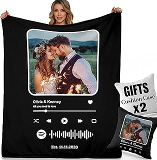 2 Throw Pillowcases Included, Double Sided Custom Blanket with Photo Text Music Personalized Blanket Memorial Gift for Girlfriend Boyfriend Wife Husband Mom Dad Grandma for Birthday Anniversary