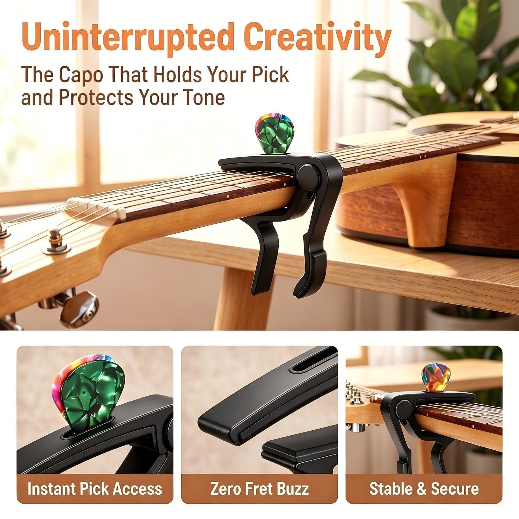 Cejilla de guitarra con soporte para púas, para guitarra eléctrica y acústica, ukelele