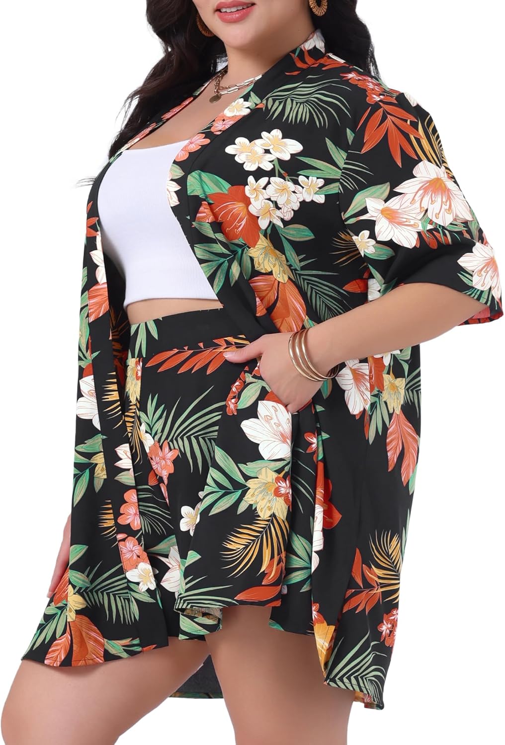 Agnes Orinda Plus Size 2 Piece Outfit for Women Tropical Print Kimono Floral Tops and Shorts Sets Vacation Holiday - Image 2