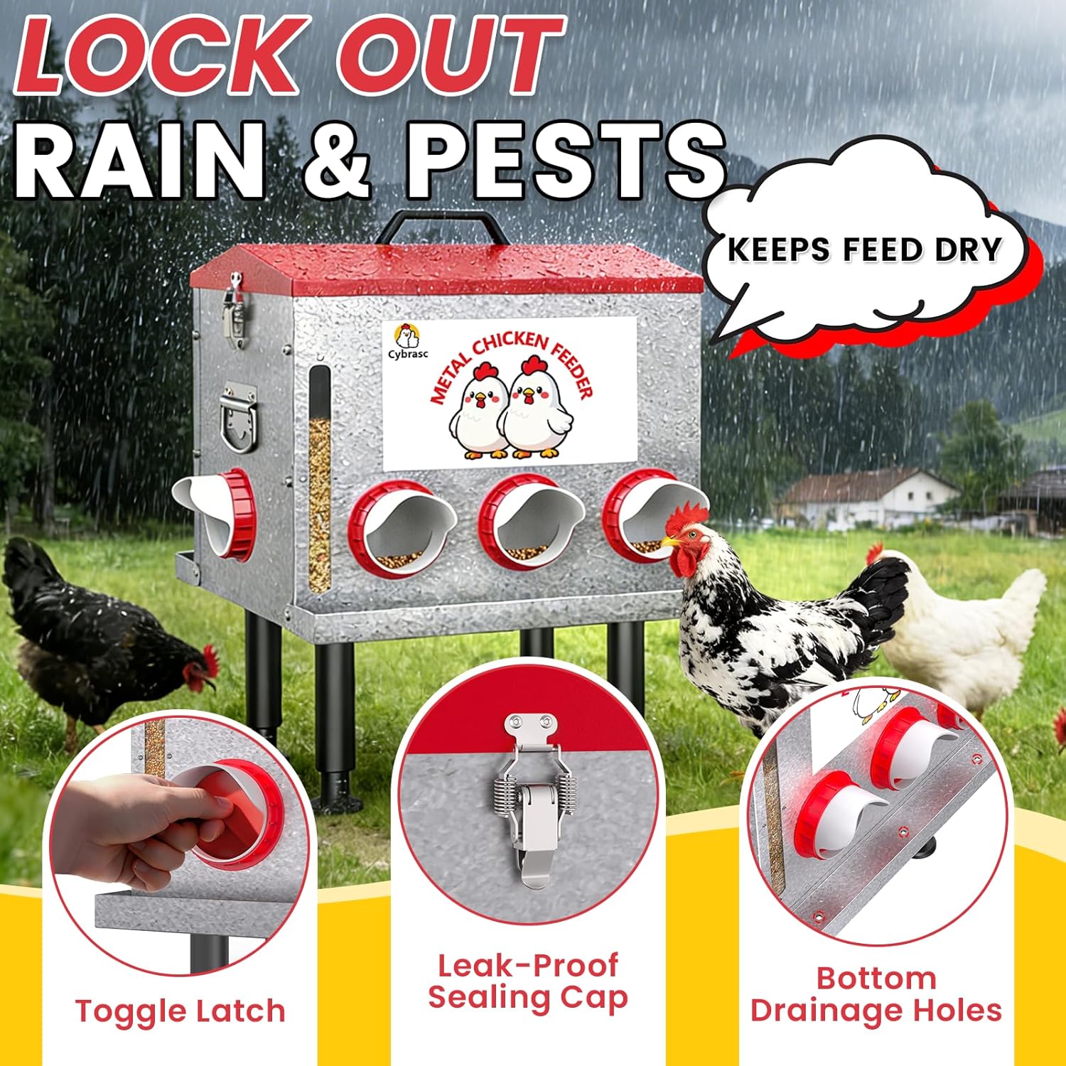 10-Gal 55LB Metal Chicken Feeder with Window, Dual No-Waste Design, Automatic Large Chicken Feeder for Outdoor Coops, Rust-Proof Alloy Steel Poultry Feeder with Adjustable Legs