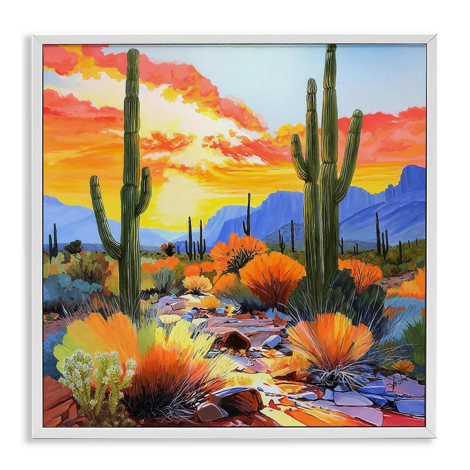 Stupell Industries Coastal White (Textured) Desert Cactus Sunset Landscape, 24 X 24 Inch Framed Giclée Print