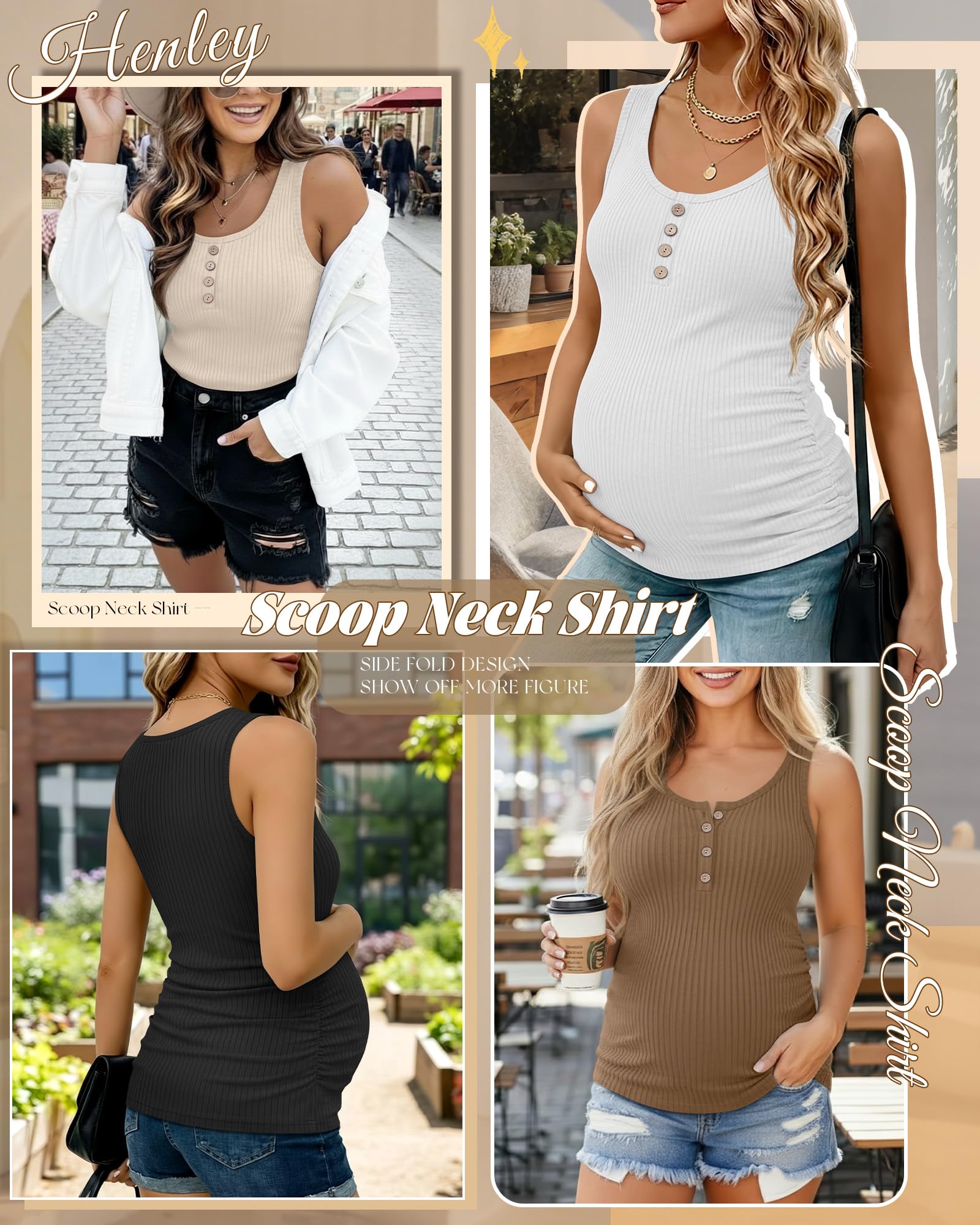 Xuniea Lot de 4 Débardeurs de Maternité pour Femmes, Style Henley, en Coton, Col Rond, Côtelés, Froncés sur Les Côtés, sans Manches