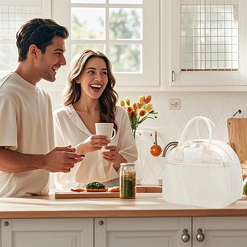 Miniatura 6 de Lonchera para mujer, lonchera aislada, bonita lonchera de pana reutilizable para el trabajo (pana beige)