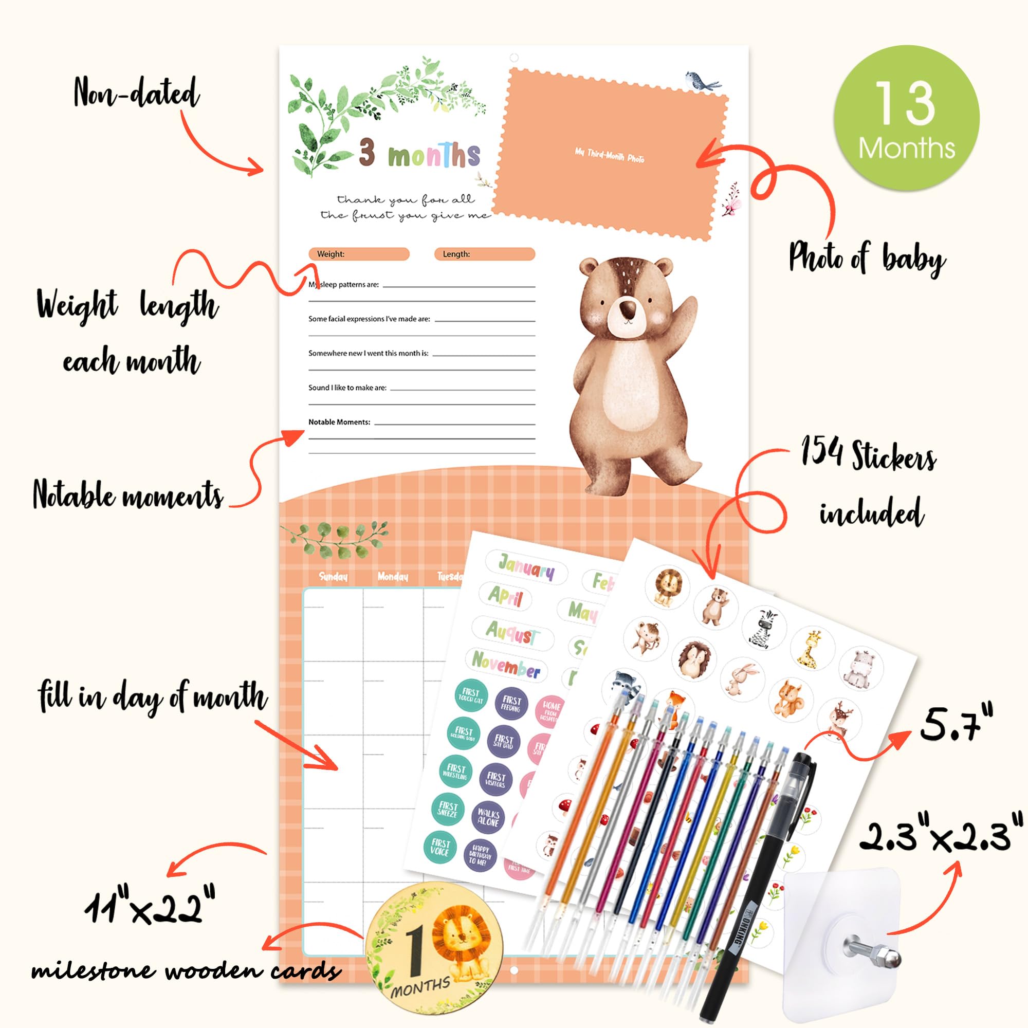 Baby-Erinnerungskalender für das erste Jahr mit Aufklebern & Baby-hölzerner monatlicher Meilenstein-Fotokarten, 12 Monate hölzernes Andenken Geschenk für Babyparty, Neugeborene, Eltern, Kinderzimmer