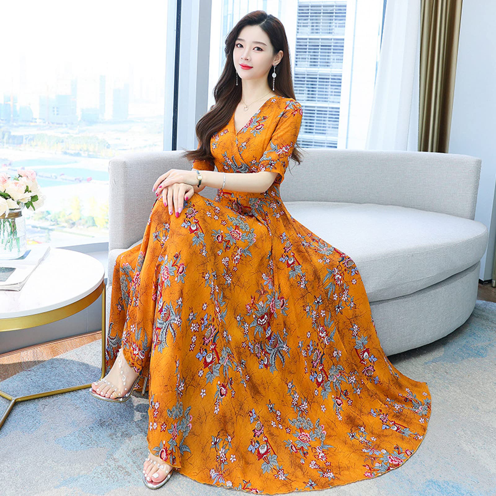 Amazon.com: XIEHC Short Sleeve Dress for Women, Thin Chiffon, Floral Dress,  Yellow, L,Casual Summer Dresses : Clothing, Shoes & Jewelry