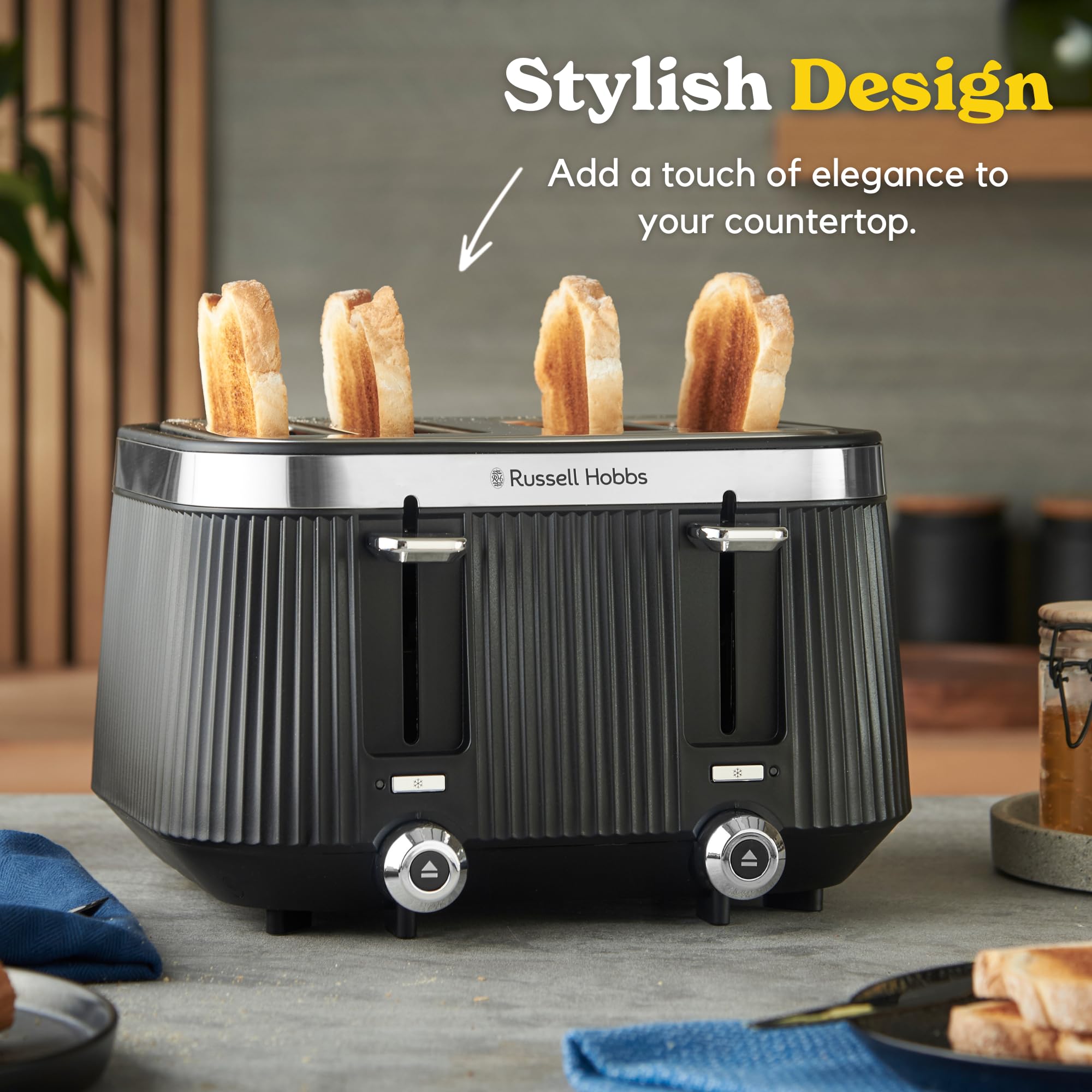 Russell Hobbs Tostadora de 4 rebanadas [1960 W, función de congelación/cancelación/recalentamiento con luz indicadora] Brontë (ranuras extra anchas, 6 niveles de marrón, función de elevación y aspecto