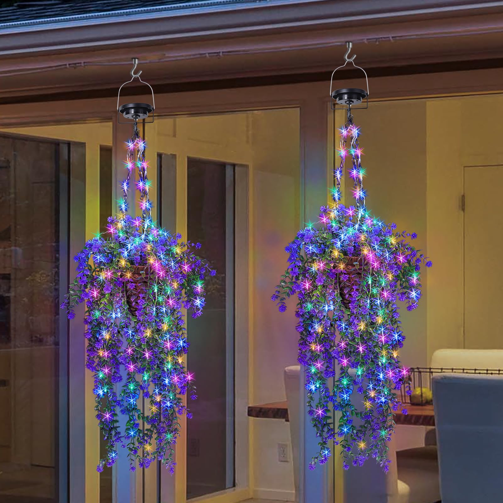 Lighted Artificial Flowers Basket for Hanging: Handmade Rattan Hanging Basket with Light up Fake Flowers for Porch Garden - 2 Pack Cone Fowers Basket with Solar Lights for Wedding Party Home Decor