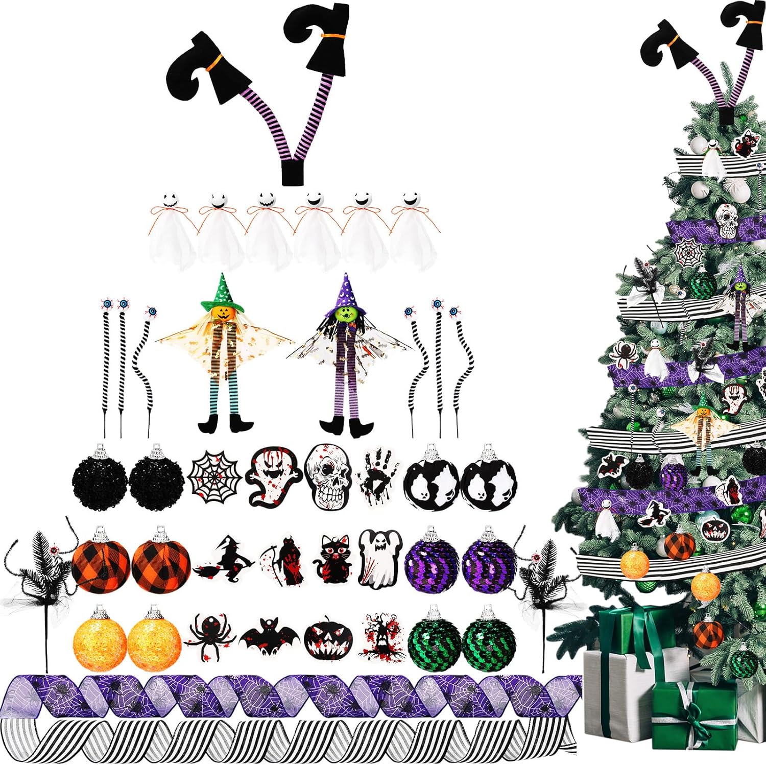 43 Pcs Halloween Hanging Tree Ornaments Decorations Eyeball Picks Ghost Hanging Ornaments Ribbon Branches Picks Ball for Halloween Party Witch Legs Style